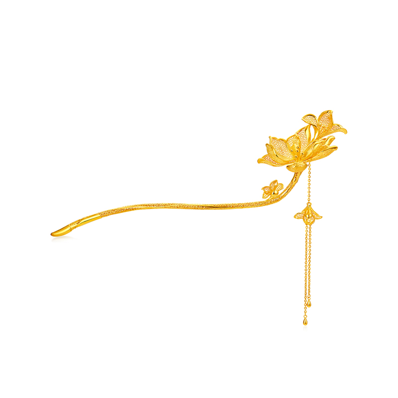 六福珠宝玉兰花开黄金发簪流苏金簪子头饰婚嫁礼计价F58TBGH0004【联系客服补货】