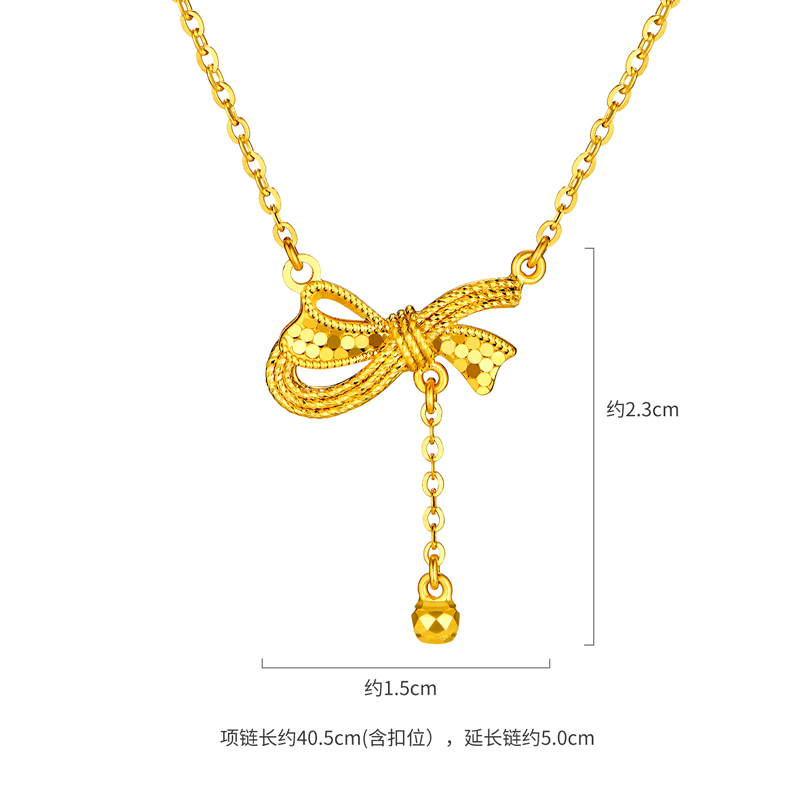 六福珠宝光影金蝴蝶结黄金项链蜂巢纹流苏手工编织计价GJG0197DS