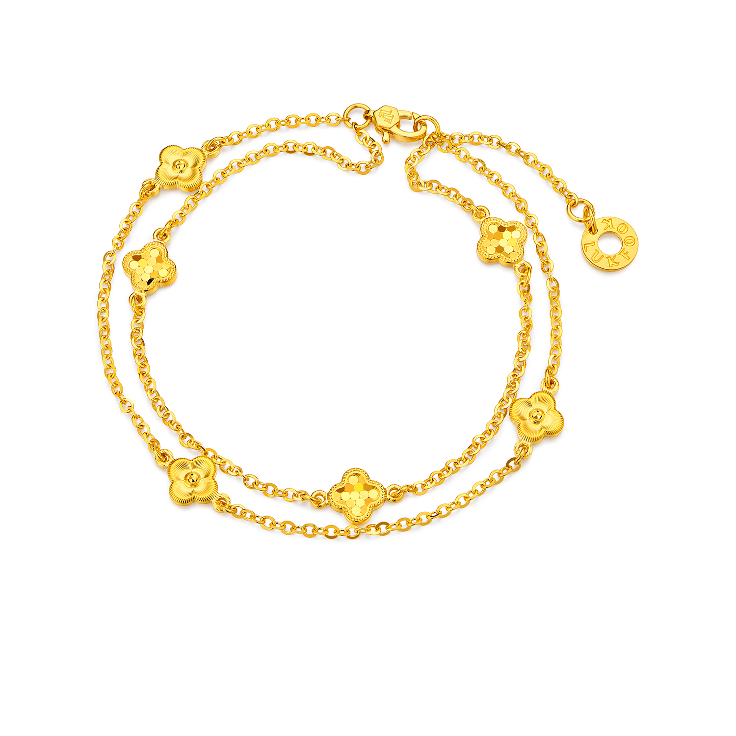 【店庆特惠】六福珠宝光影金爆闪四叶草黄金手链女5G足金双层手链计价034708ba