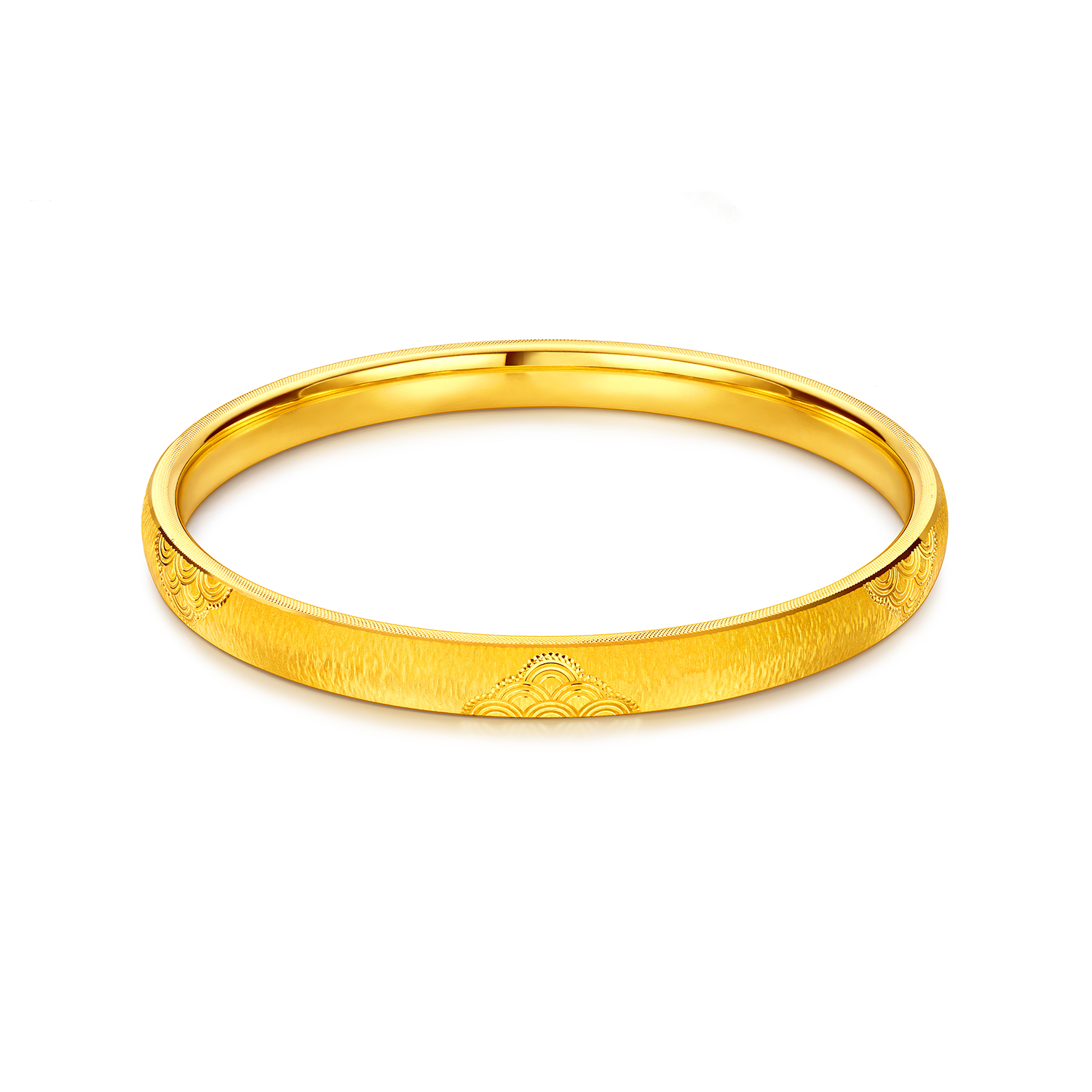 【店庆特惠】六福珠宝祥云纹黄金手镯女戗刻工艺5D硬金镯子首饰计价F63G0113DS