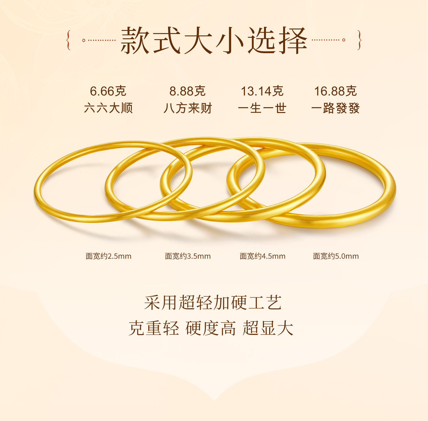 六福珠宝福满传家古法黄金手镯女520素圈足金镯子七夕计价F41G0014DS告白礼固定克重