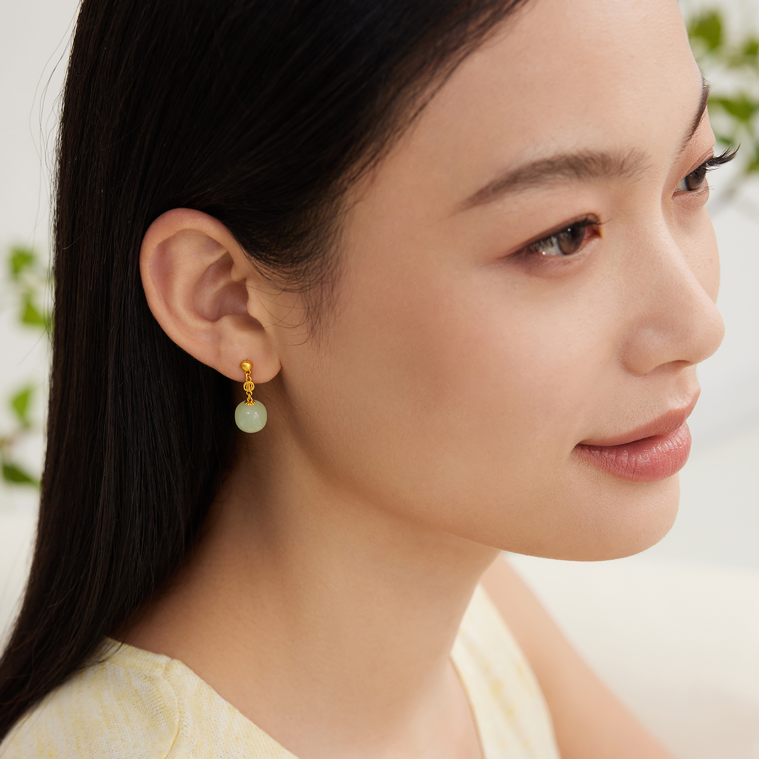 六福珠宝小灯笼老型珠黄金耳环耳钉女款和田玉足金耳饰FQA0006DS