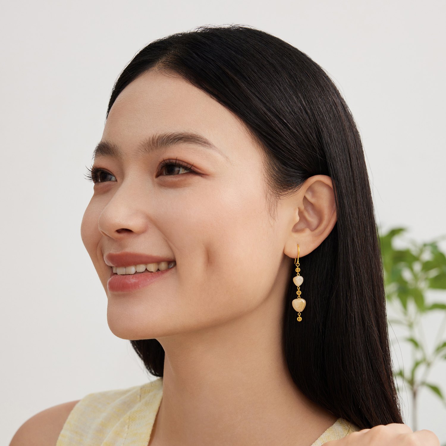 六福珠宝多宝黄金耳环女桃心形和田玉耳饰爱心足金耳坠FQA0011DS