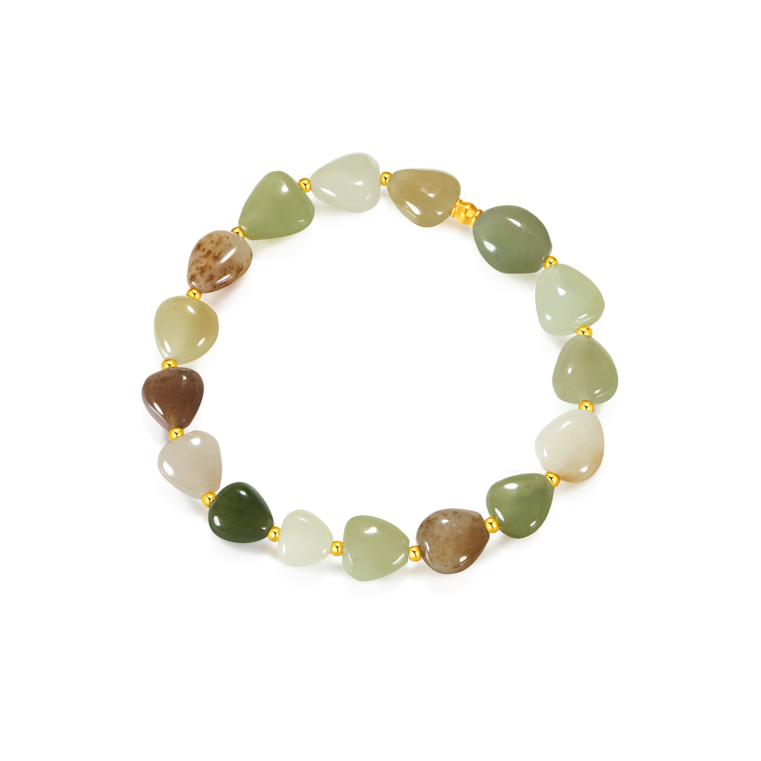 六福珠宝多宝和田玉黄金手链女多彩桃心形玉石金珠手串FQA0005DS