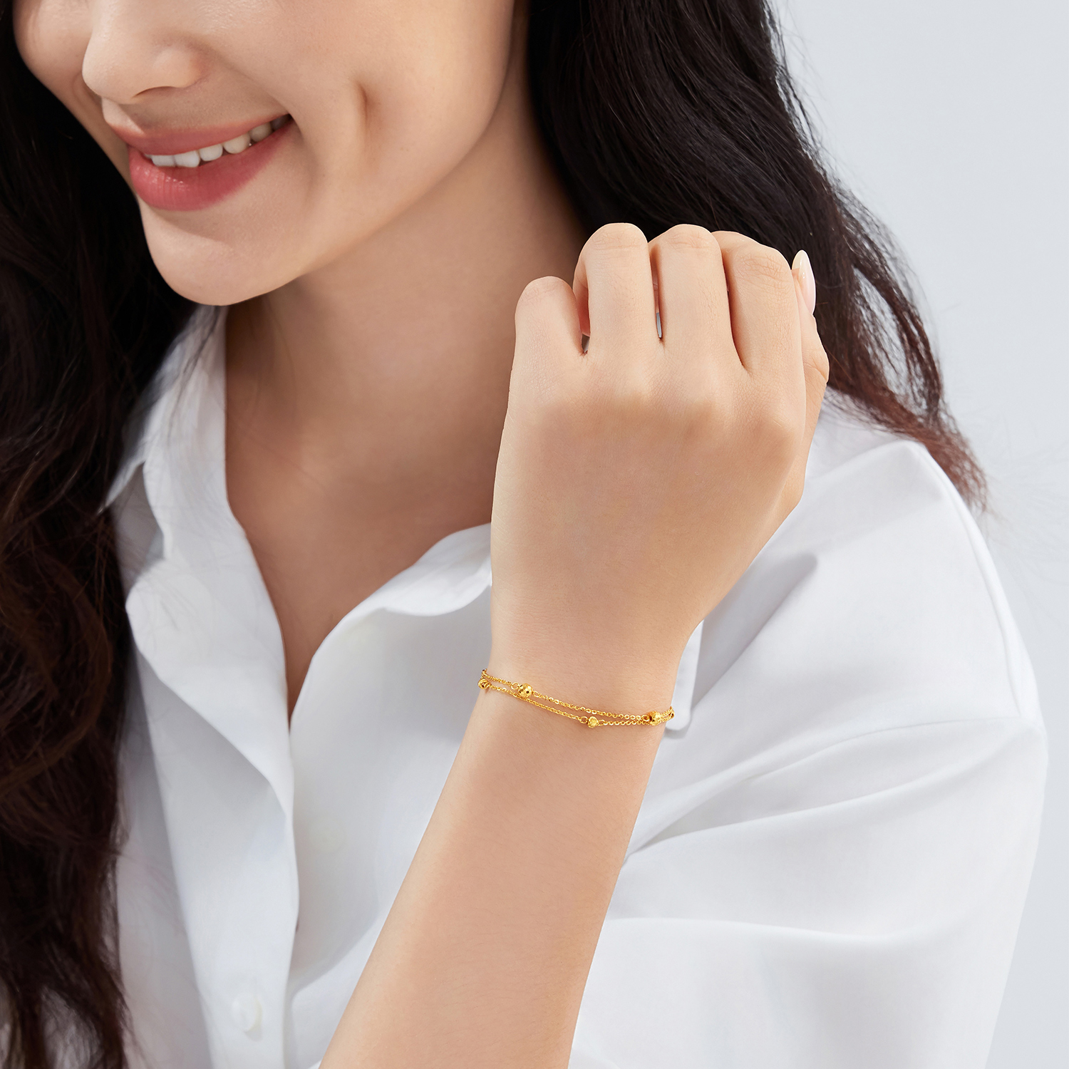 六福珠宝小灯球车花珠黄金手链女猫眼金珠双层手链计价G16G0051DS