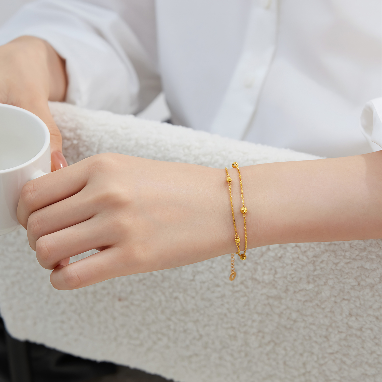 六福珠宝小灯球车花珠黄金手链女猫眼金珠双层手链计价G16G0051DS