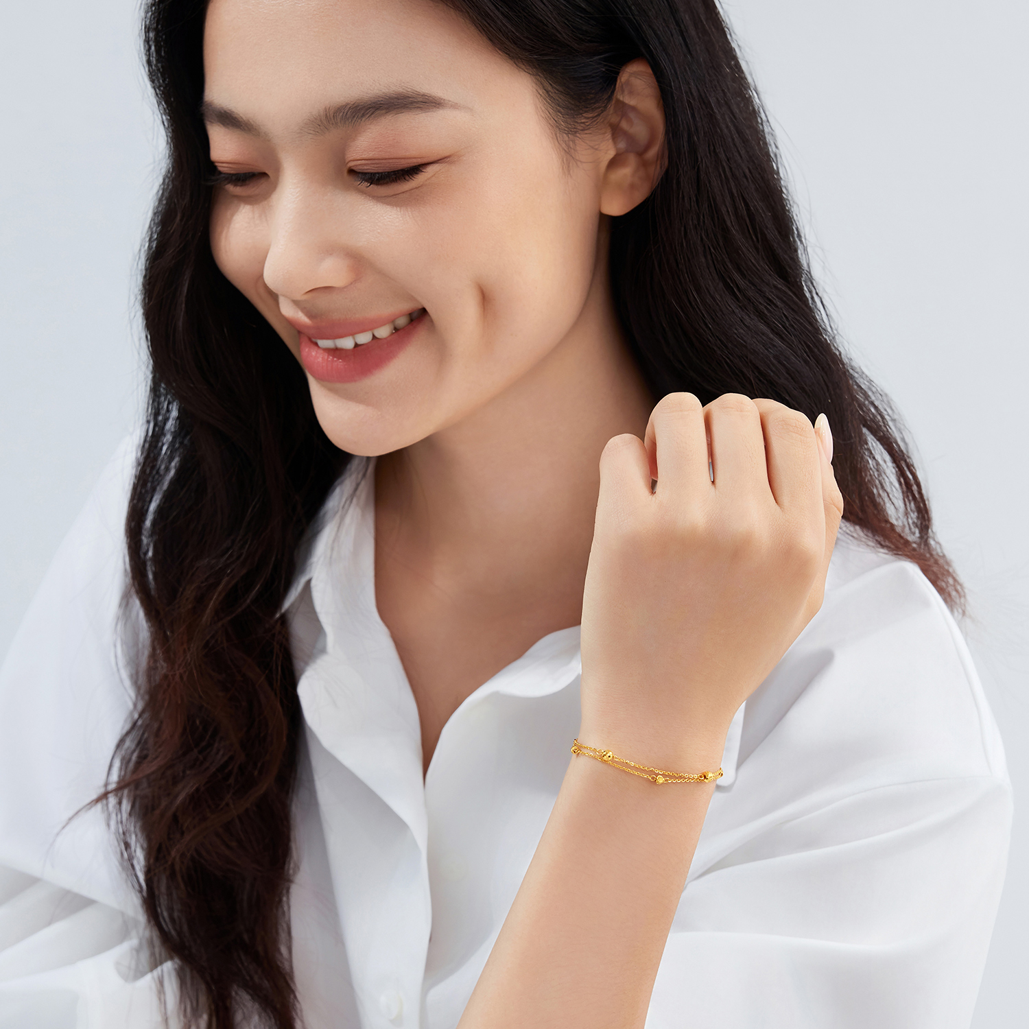 六福珠宝小灯球车花珠黄金手链女猫眼金珠双层手链计价G16G0051DS