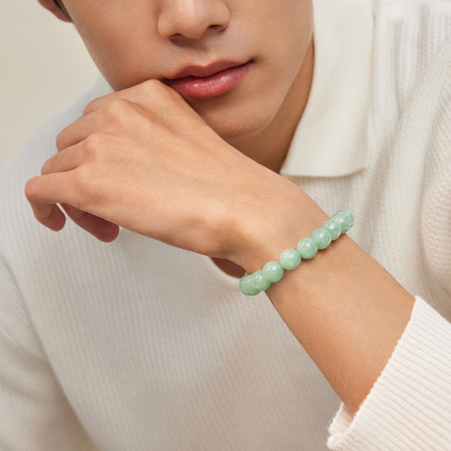 六福珠宝光面圆珠翡翠手串男士10.5-11mm翡翠玉石手链F21J0004DS