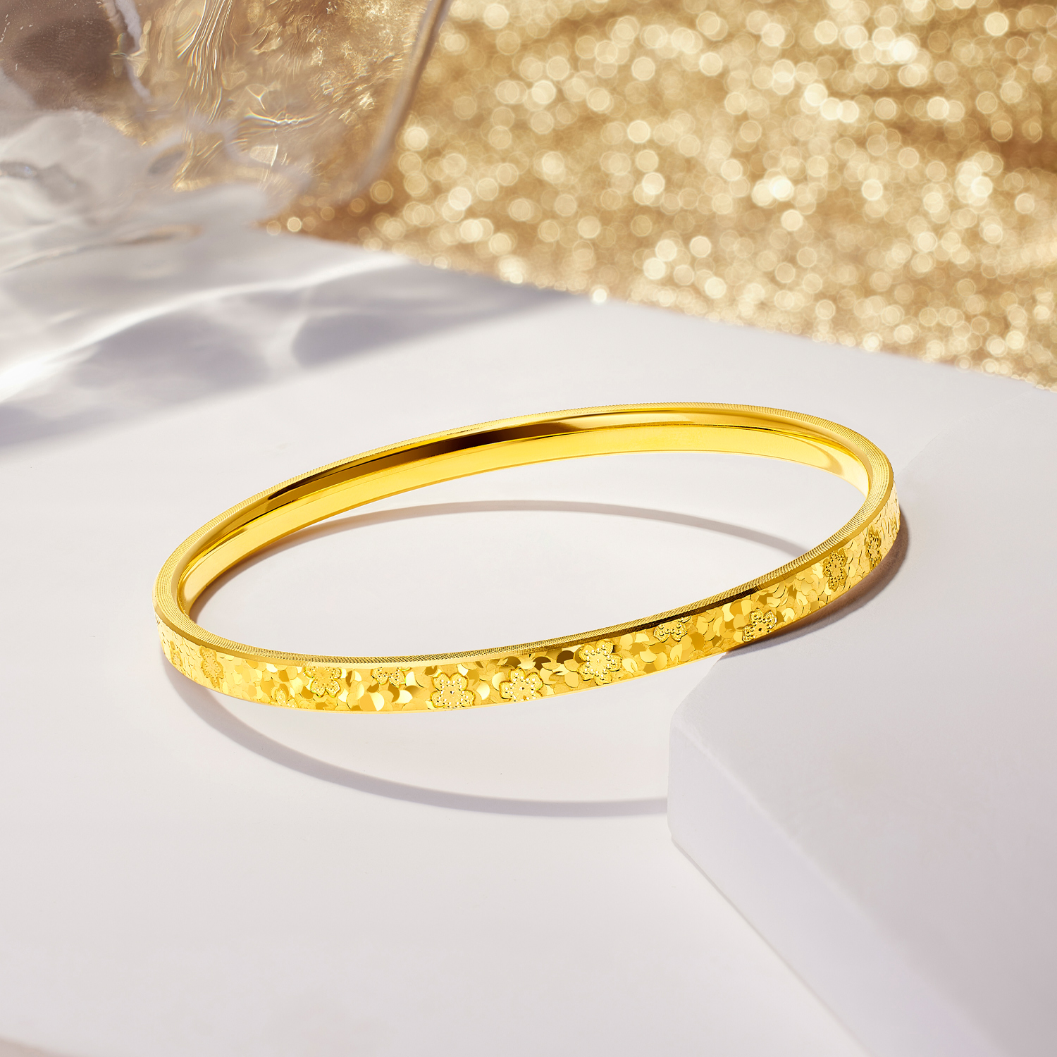 六福珠宝碎碎冰樱花黄金手镯女时尚5D硬金镯子首饰计价F63G0114DS新品10