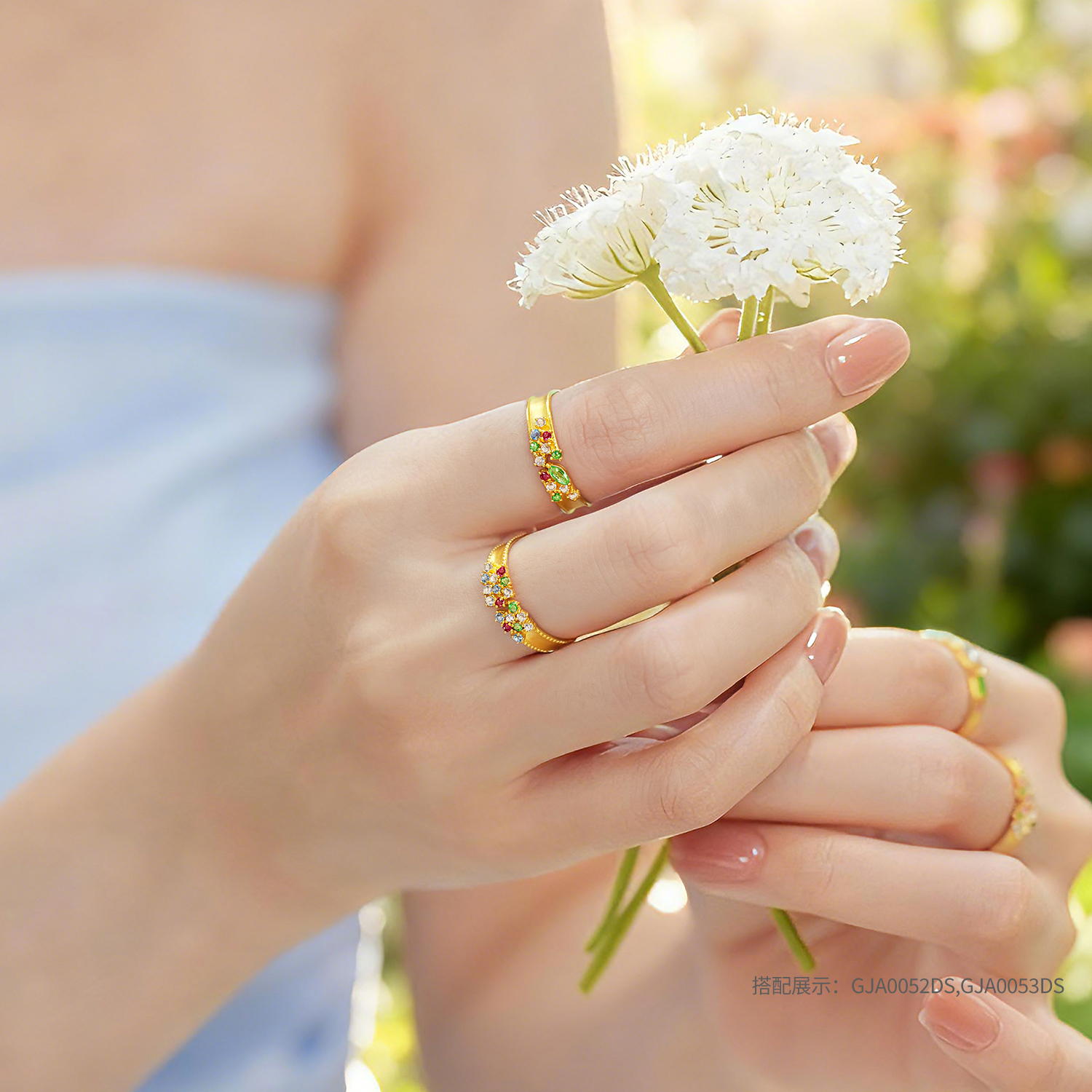 六福珠宝花满蹊光影金黄金戒指实心石榴石彩色宝石首饰GJA0052DS玩趣赏春