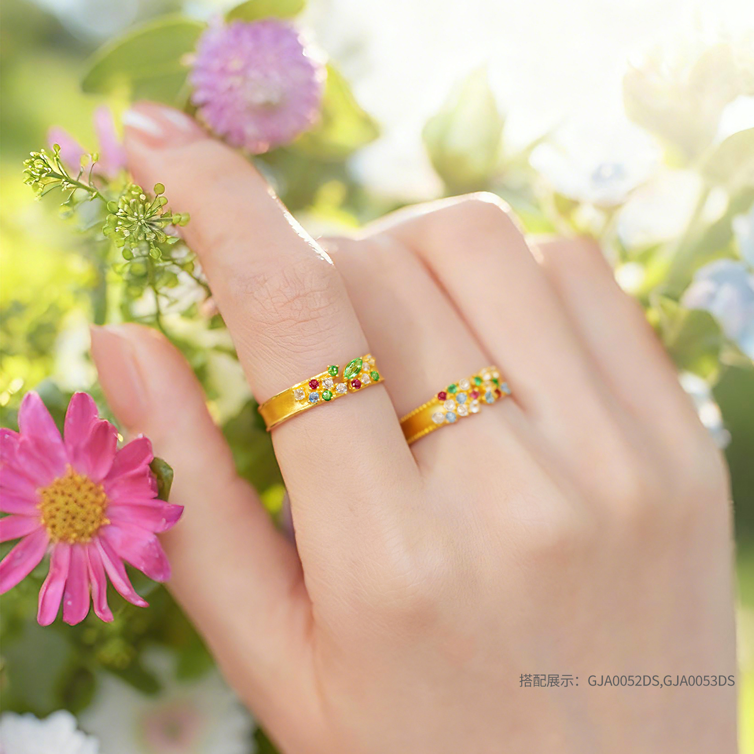 六福珠宝花满蹊光影金黄金戒指实心石榴石彩色宝石首饰GJA0052DS玩趣赏春