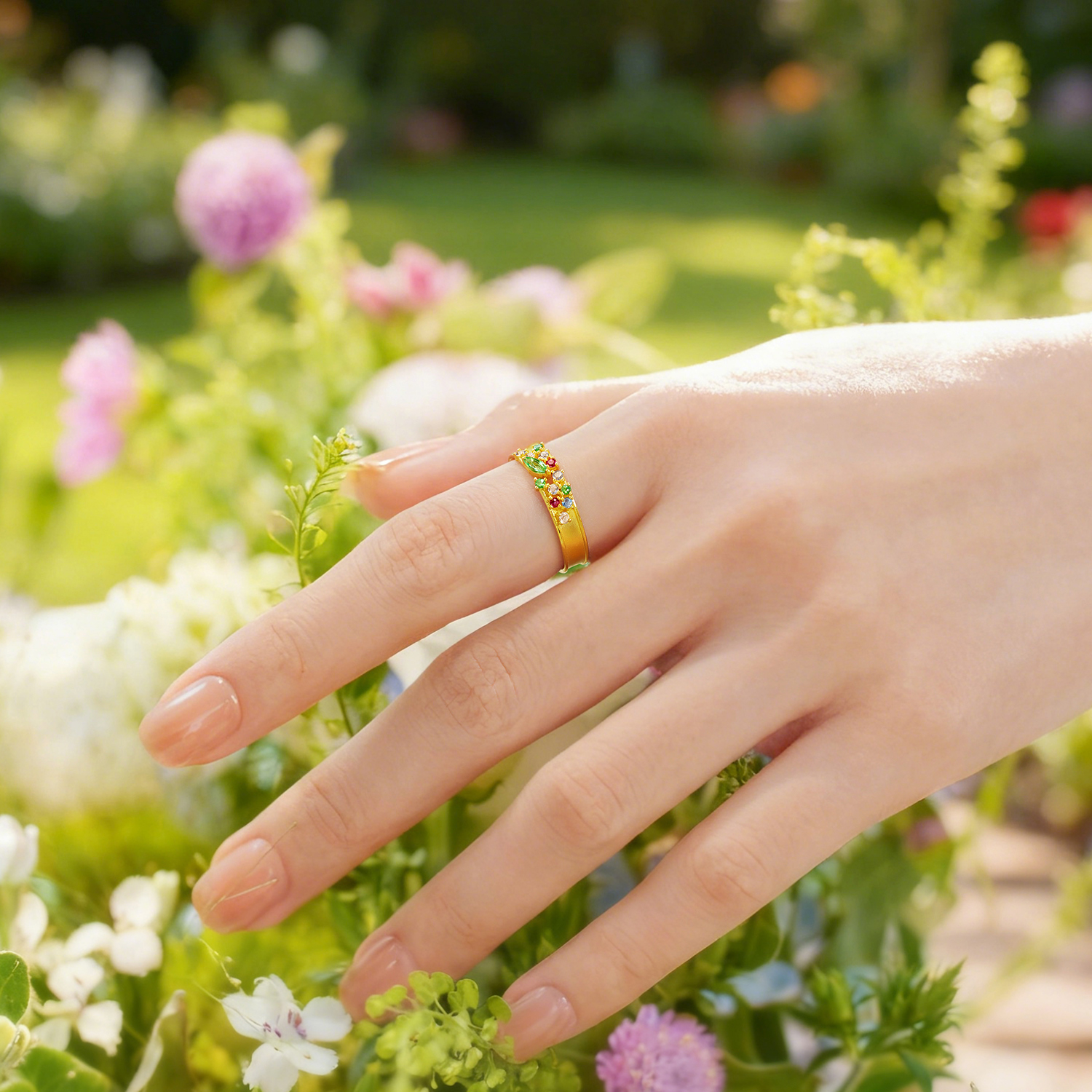 六福珠宝花满蹊光影金黄金戒指实心石榴石彩色宝石首饰GJA0052DS玩趣赏春