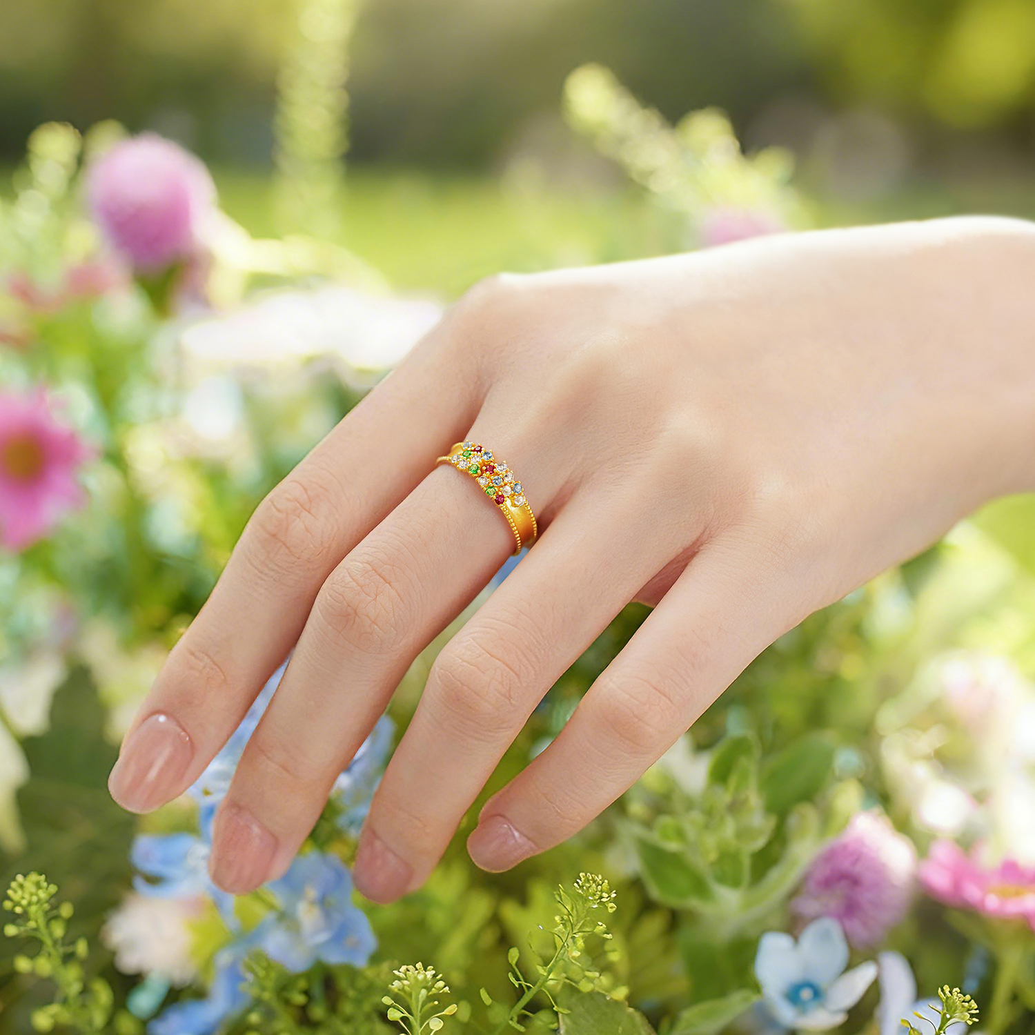 六福珠宝花满蹊光影金黄金戒指实心石榴石彩色宝石戒指GJA0053DS赏春