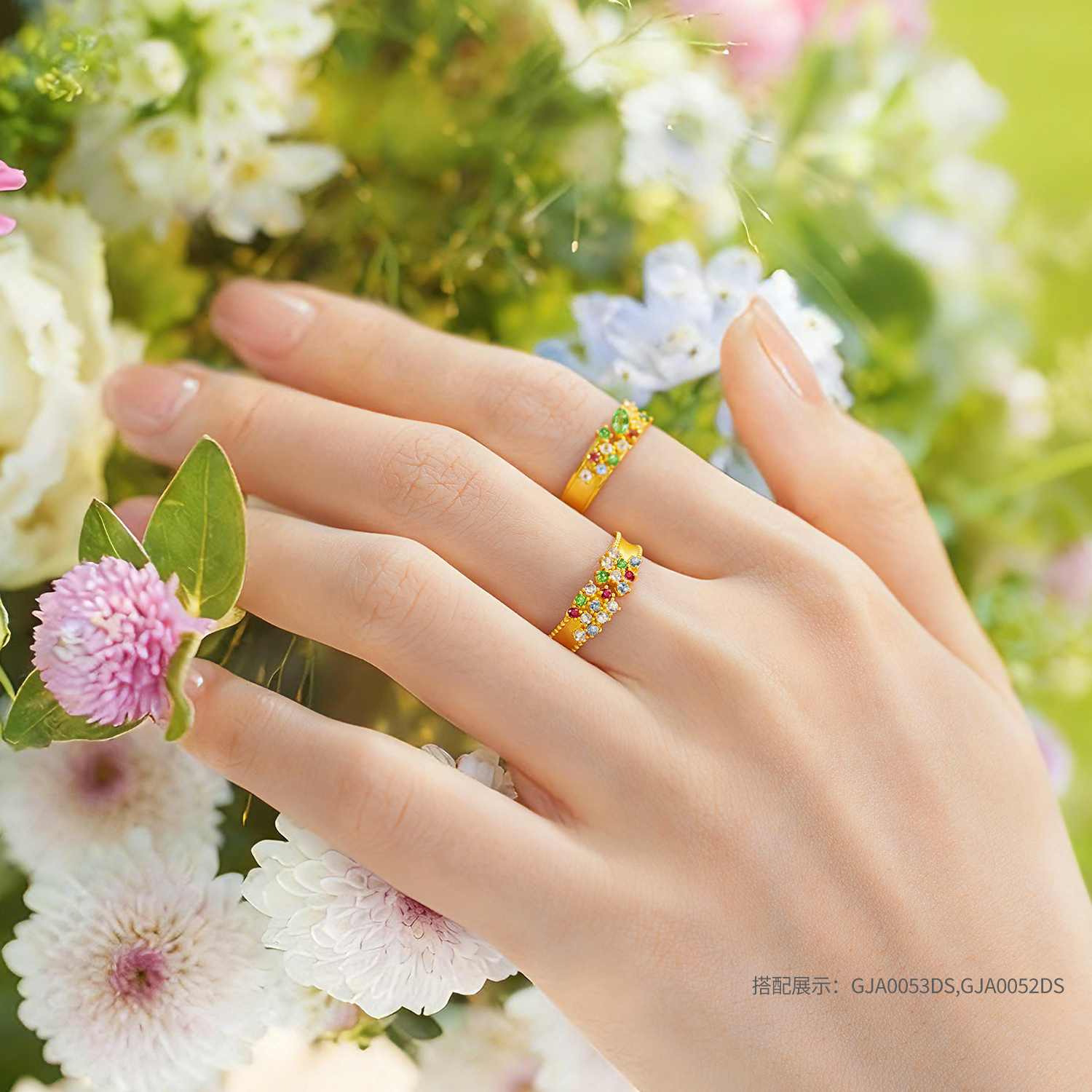 六福珠宝花满蹊光影金黄金戒指实心石榴石彩色宝石戒指GJA0053DS赏春