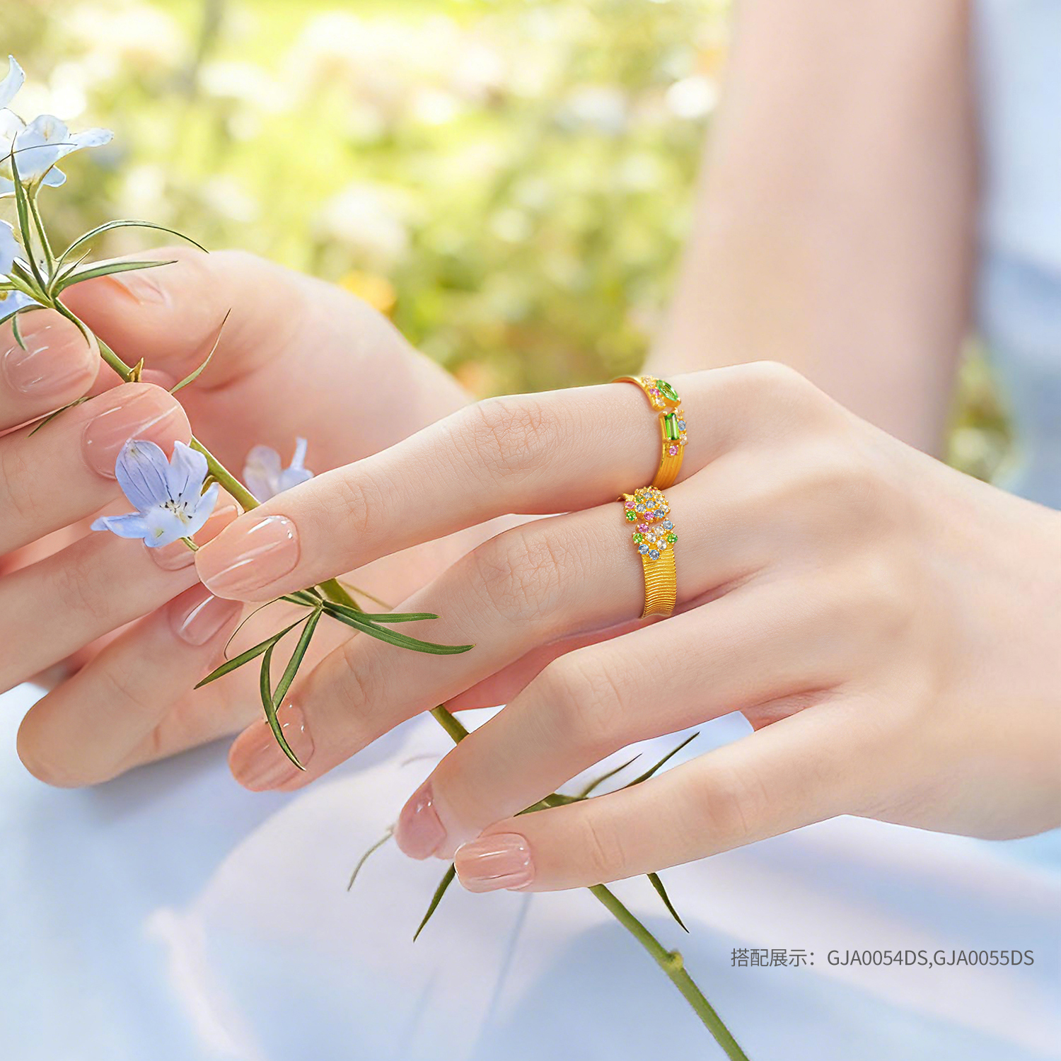 六福珠宝花满蹊光影金黄金戒指宝石实心石榴石彩宝戒指GJA0054DS玩趣赏春