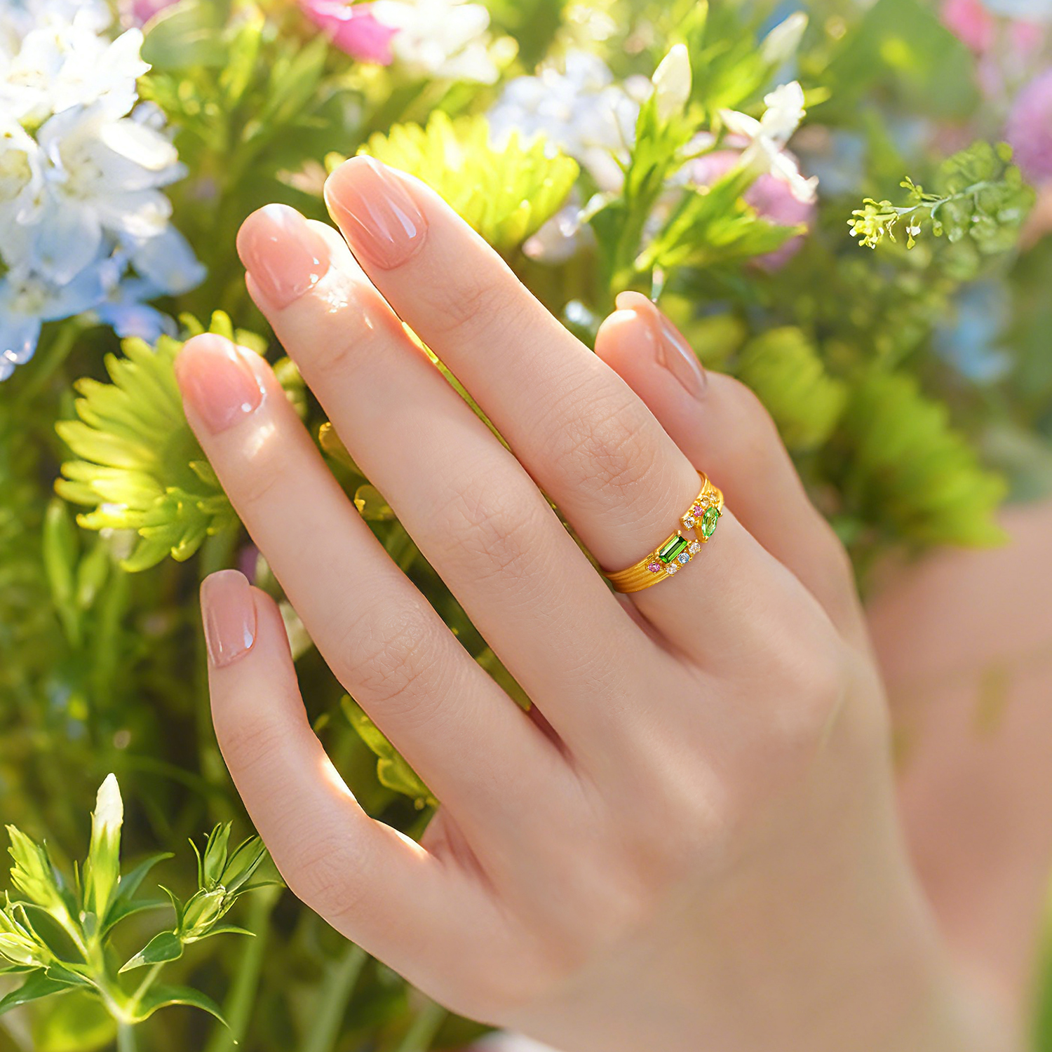 六福珠宝花满蹊光影金黄金戒指宝石实心石榴石彩宝戒指GJA0055DS赏春