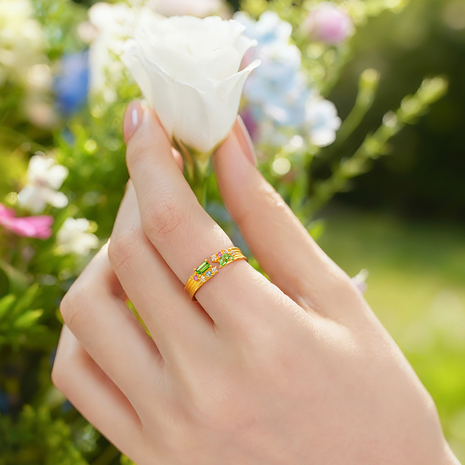 六福珠宝花满蹊光影金黄金戒指宝石实心石榴石彩宝戒指GJA0055DS赏春