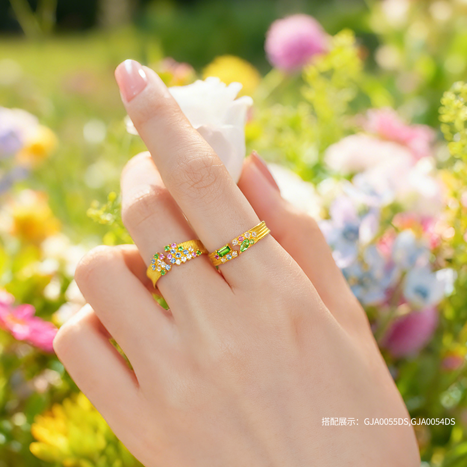 六福珠宝花满蹊光影金黄金戒指宝石实心石榴石彩宝戒指GJA0055DS赏春