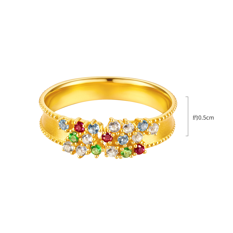 六福珠宝花满蹊光影金黄金戒指实心石榴石彩色宝石戒指GJA0053DS赏春