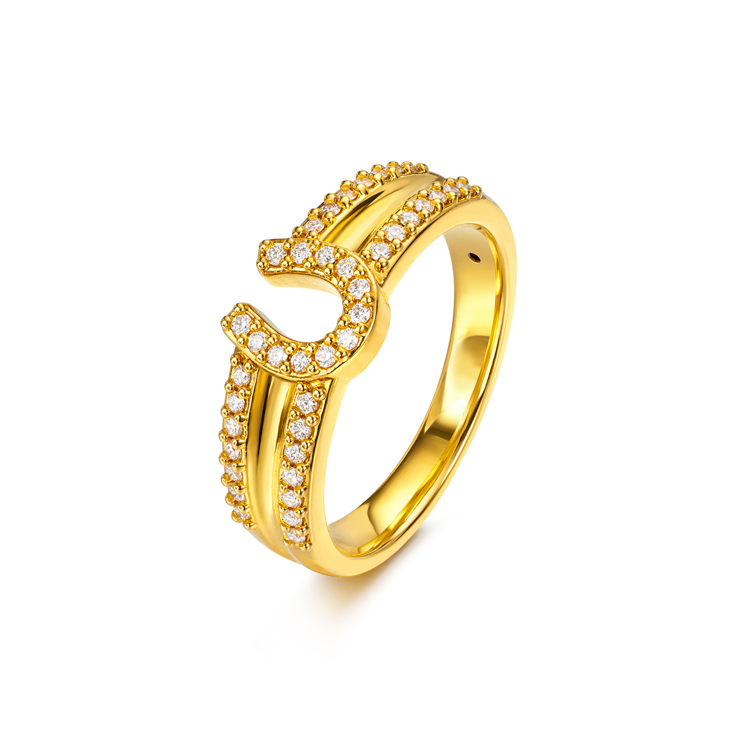 六福珠宝字母U型黄金戒指女款时尚足金双排钻石戒指首饰034620RA