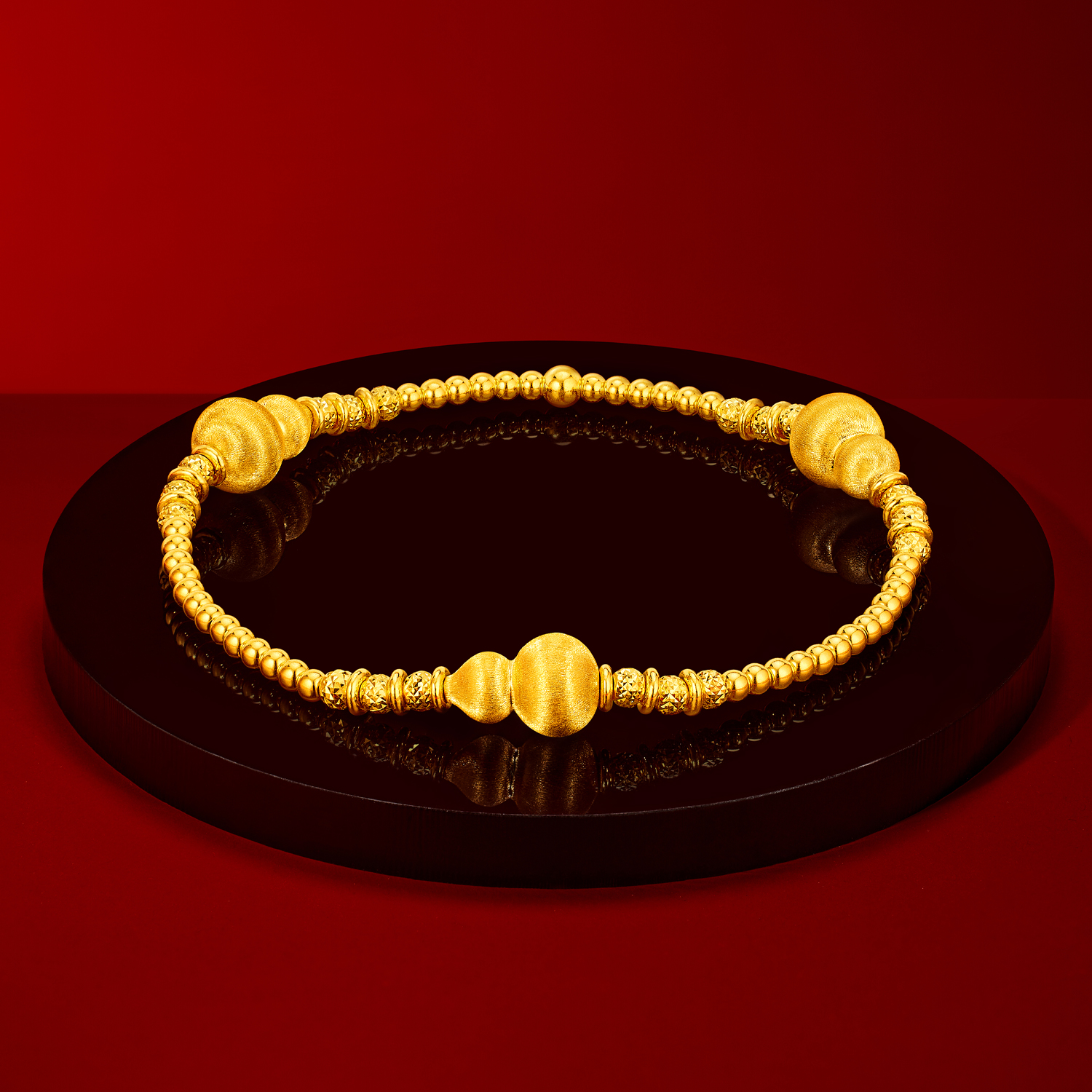 六福珠宝光影金葫芦黄金手链女足金手工拉丝金珠手串计价034949ba【视频看货】