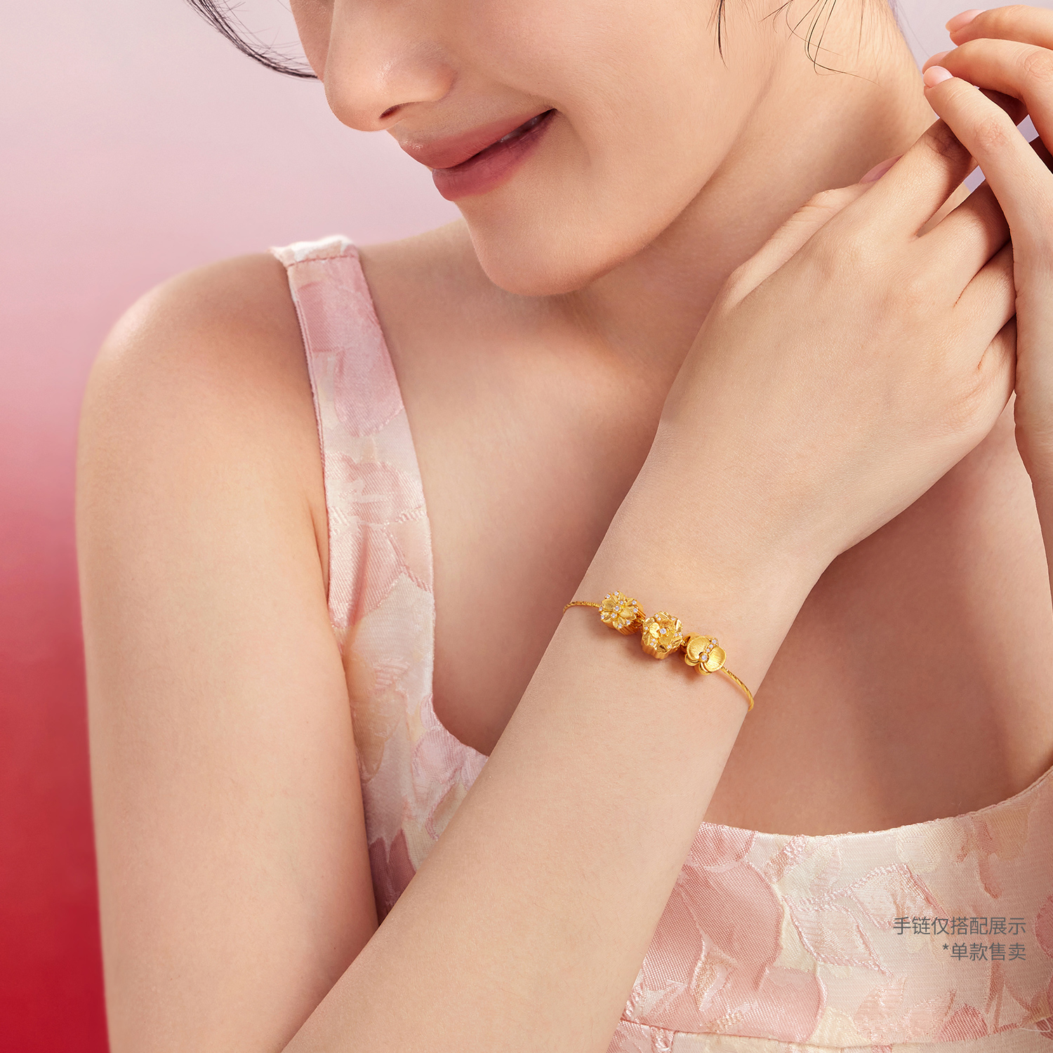 【25日上新】六福珠宝花景系列黄金足金钻石手工拉丝DIY转运珠女款FRA0006DS