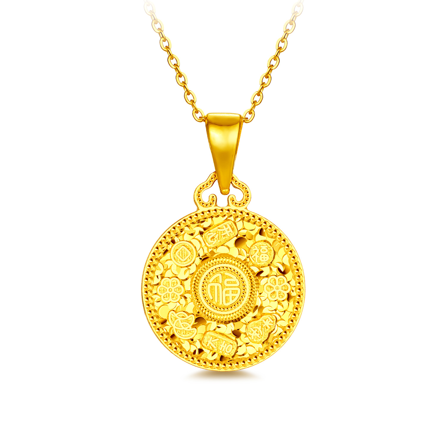 【店庆特惠】六福珠宝吉言金方牌黄金吊坠女碎碎冰足金挂坠送礼计价L25G0007DS