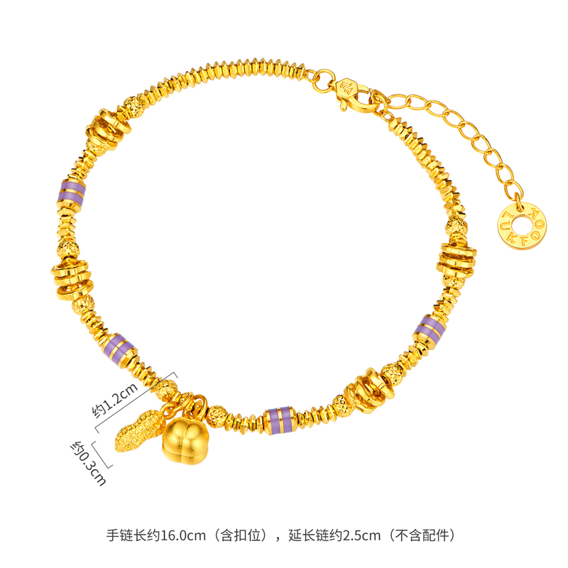 六福珠宝光影金喜柿发生黄金手链鎏彩筒珠盘缠金手串计价035334ba【视频看货】