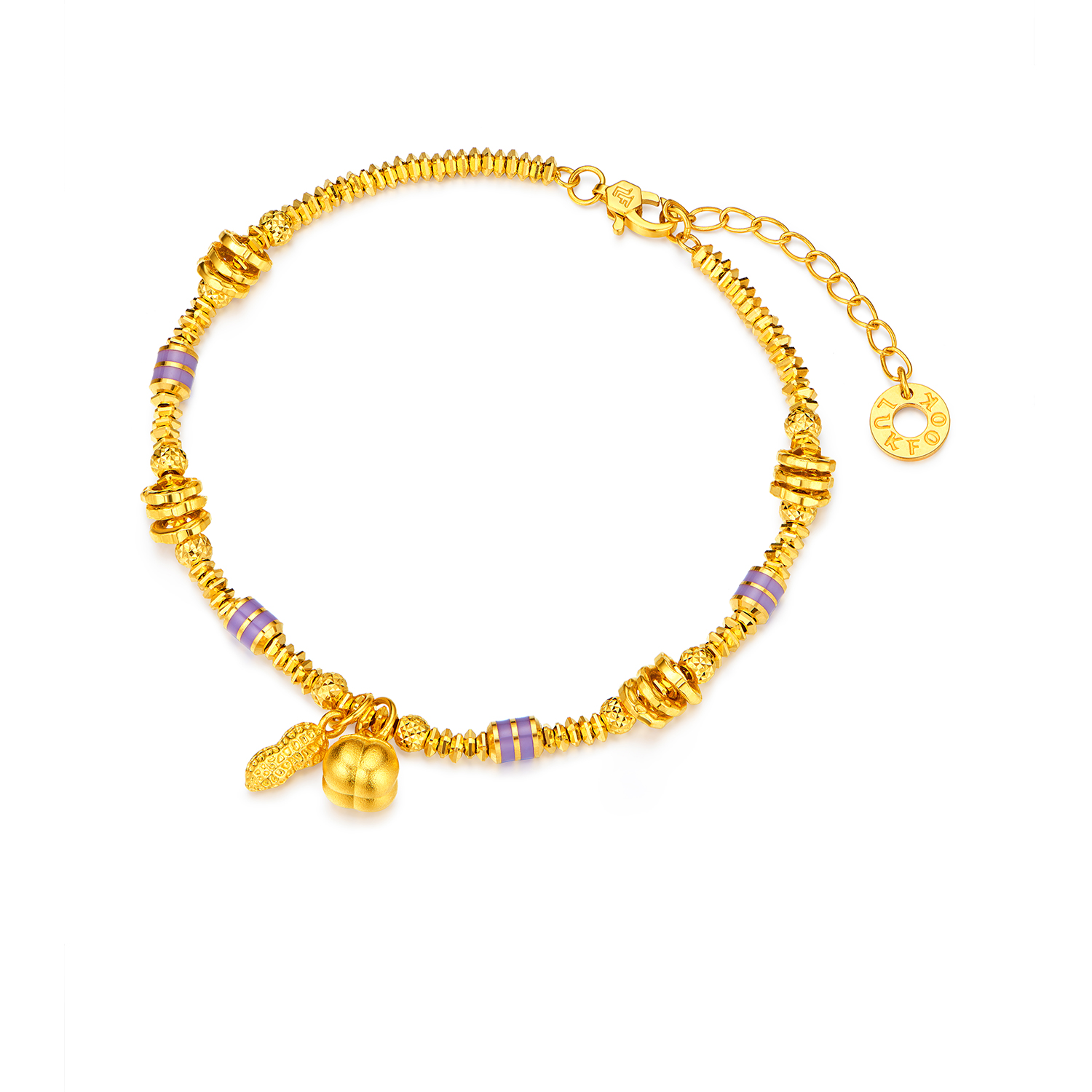 六福珠宝光影金喜柿发生黄金手链鎏彩筒珠盘缠金手串计价035334ba【视频看货】