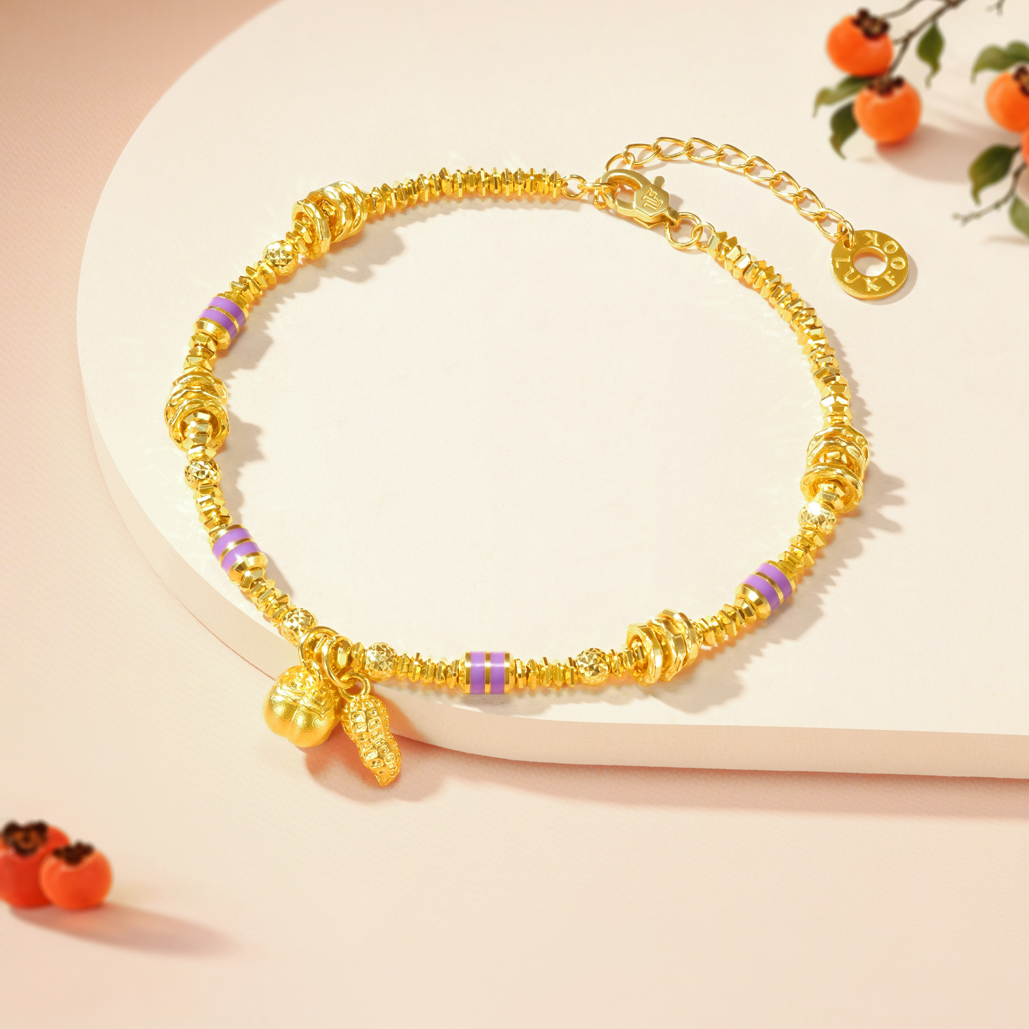 六福珠宝光影金喜柿发生黄金手链鎏彩筒珠盘缠金手串计价035334ba【视频看货】