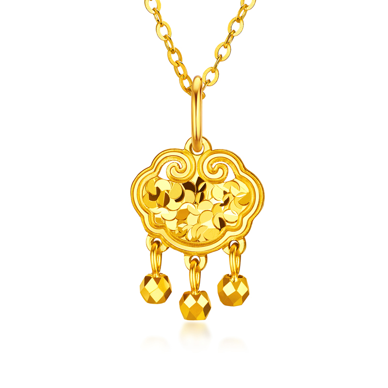 六福珠宝光影金如意祥云锁黄金吊坠碎碎冰女计价GMG0002DS新品15