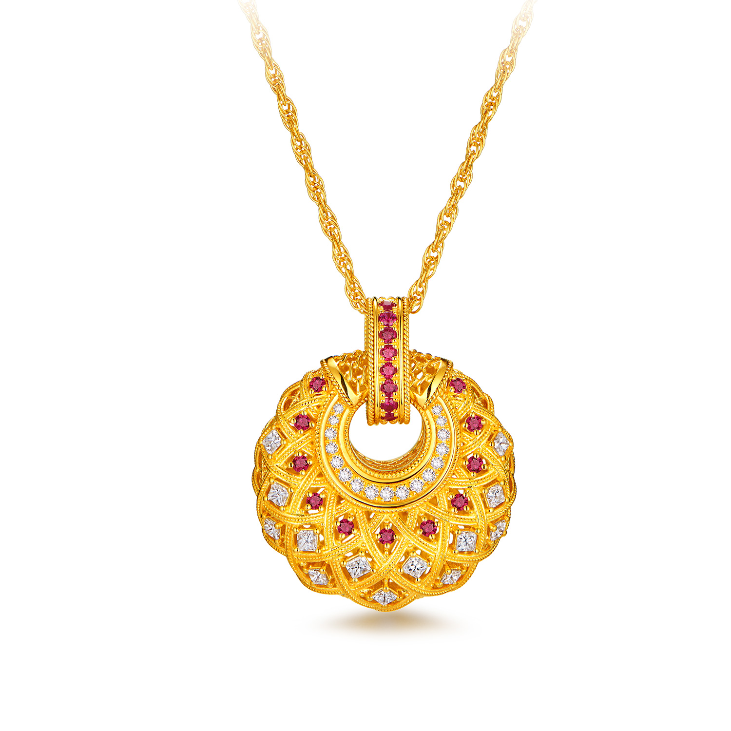 六福珠宝唐宫夜宴联名唐彩菱黄金项链钻石红宝石吊坠珍珠033542NA