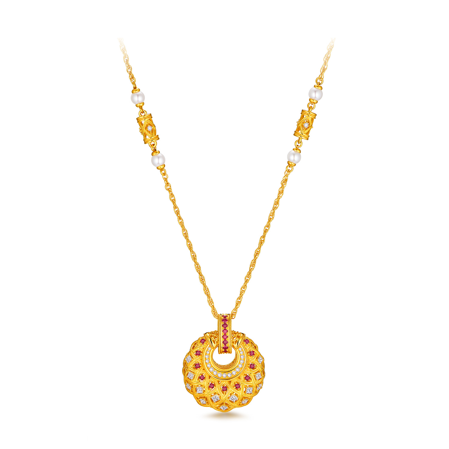 六福珠宝唐宫夜宴联名唐彩菱黄金项链钻石红宝石吊坠珍珠033542NA