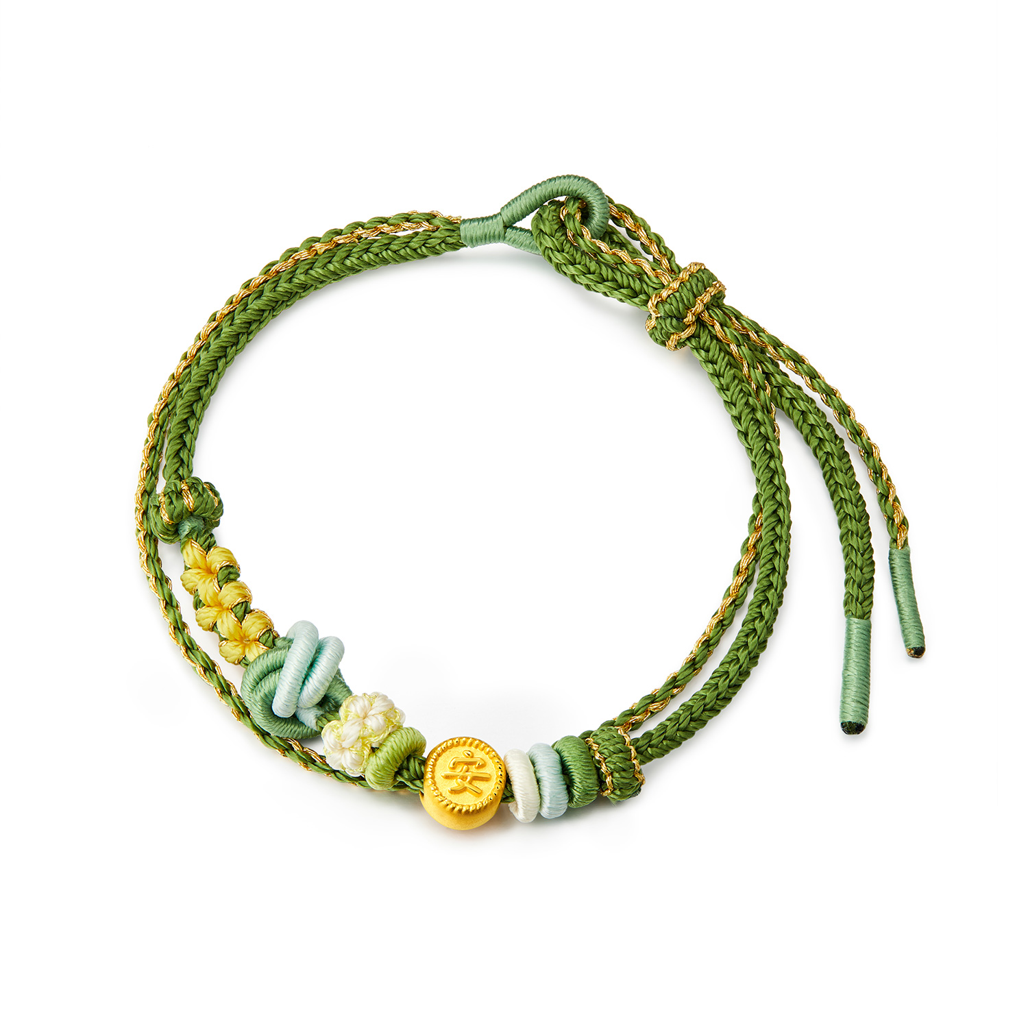 六福珠宝平安美满黄金转运珠手绳女款5D硬金路路通手链A01A0038DS