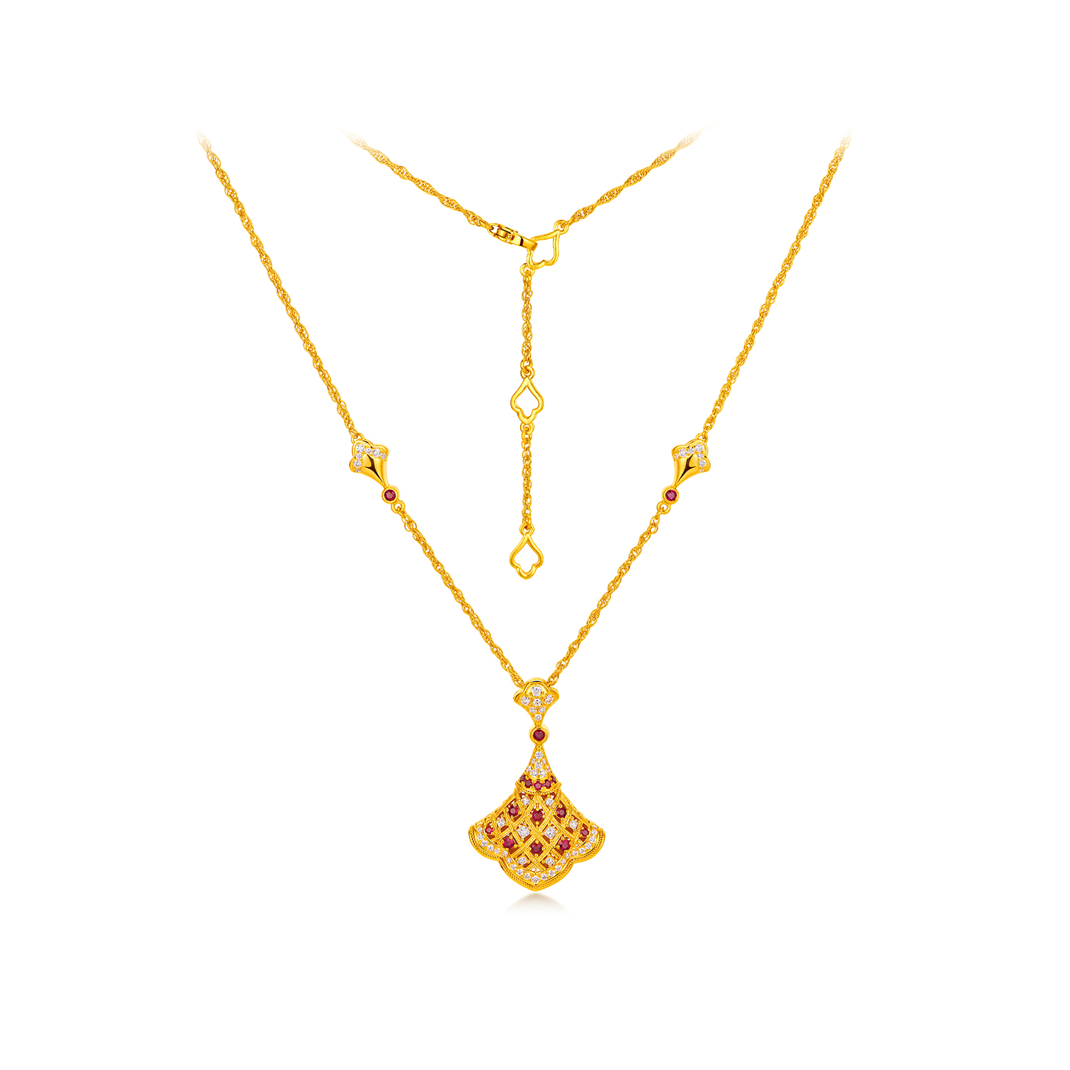 六福珠宝唐宫夜宴联名唐韵花顏黄金项链钻石小裙子红宝石034525NB新品2623