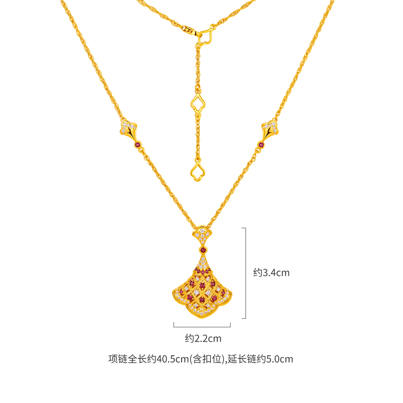 六福珠宝唐宫夜宴联名唐韵花顏黄金项链钻石小裙子红宝石034525NB新品2623