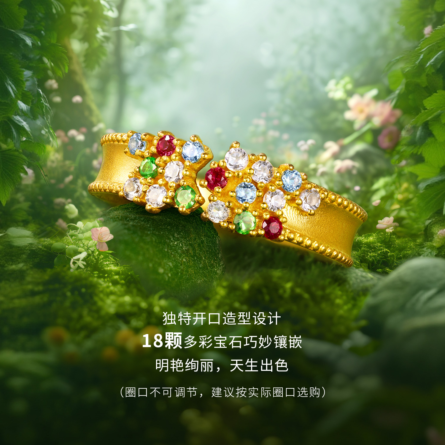 六福珠宝花满蹊光影金黄金戒指实心石榴石彩色宝石戒指GJA0053DS赏春