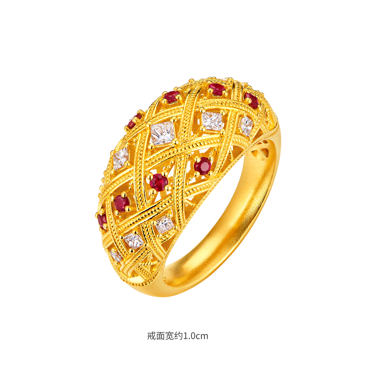 六福珠宝唐宫夜宴联名唐彩菱黄金戒指钻石镂空红宝石金饰034539RA新品24