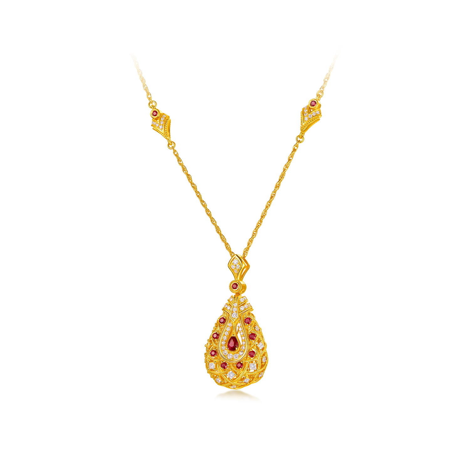 六福珠宝唐宫夜宴联名琵琶乐宴黄金项链镶钻石水滴红宝石034523NA新品2623