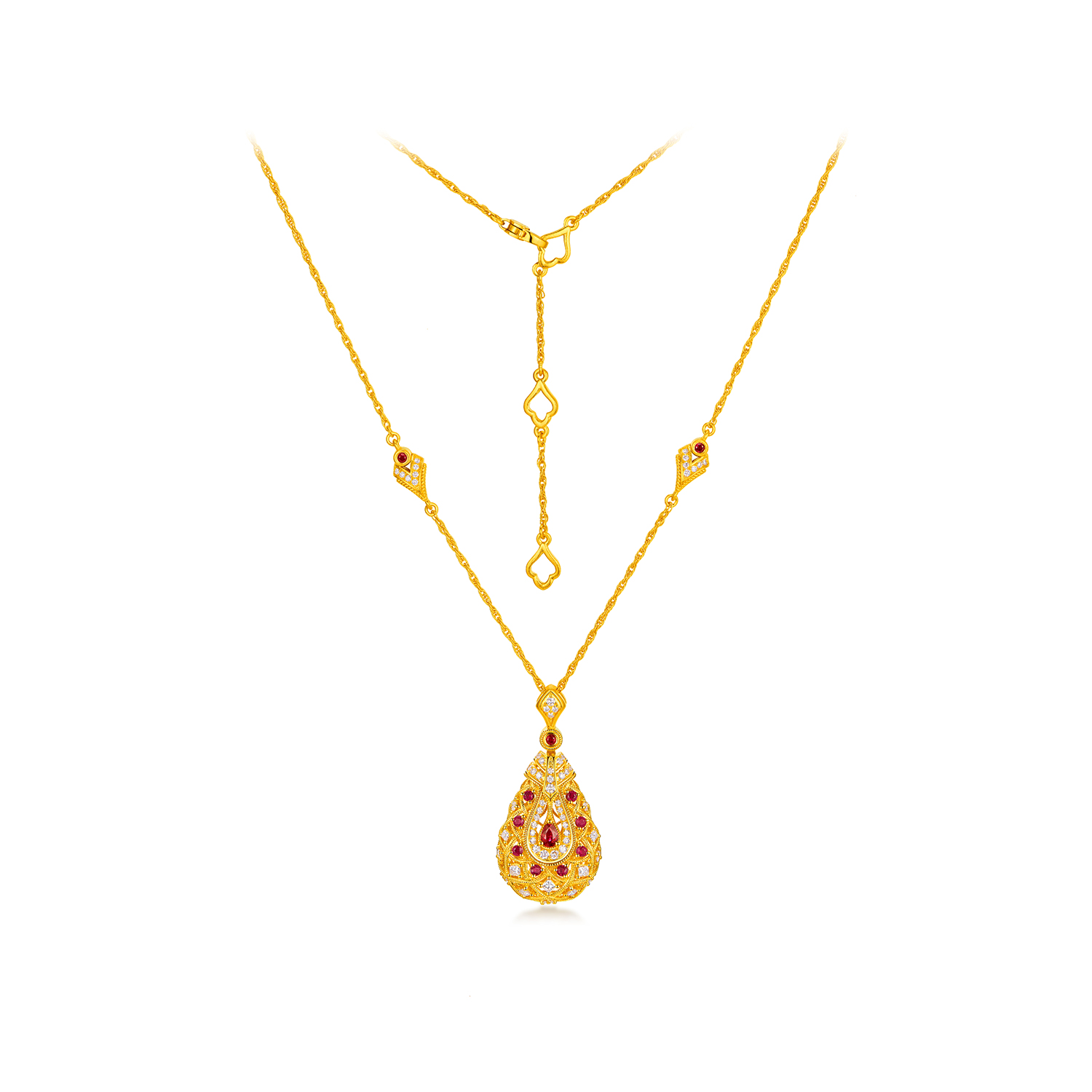 六福珠宝唐宫夜宴联名琵琶乐宴黄金项链镶钻石水滴红宝石034523NA新品2623