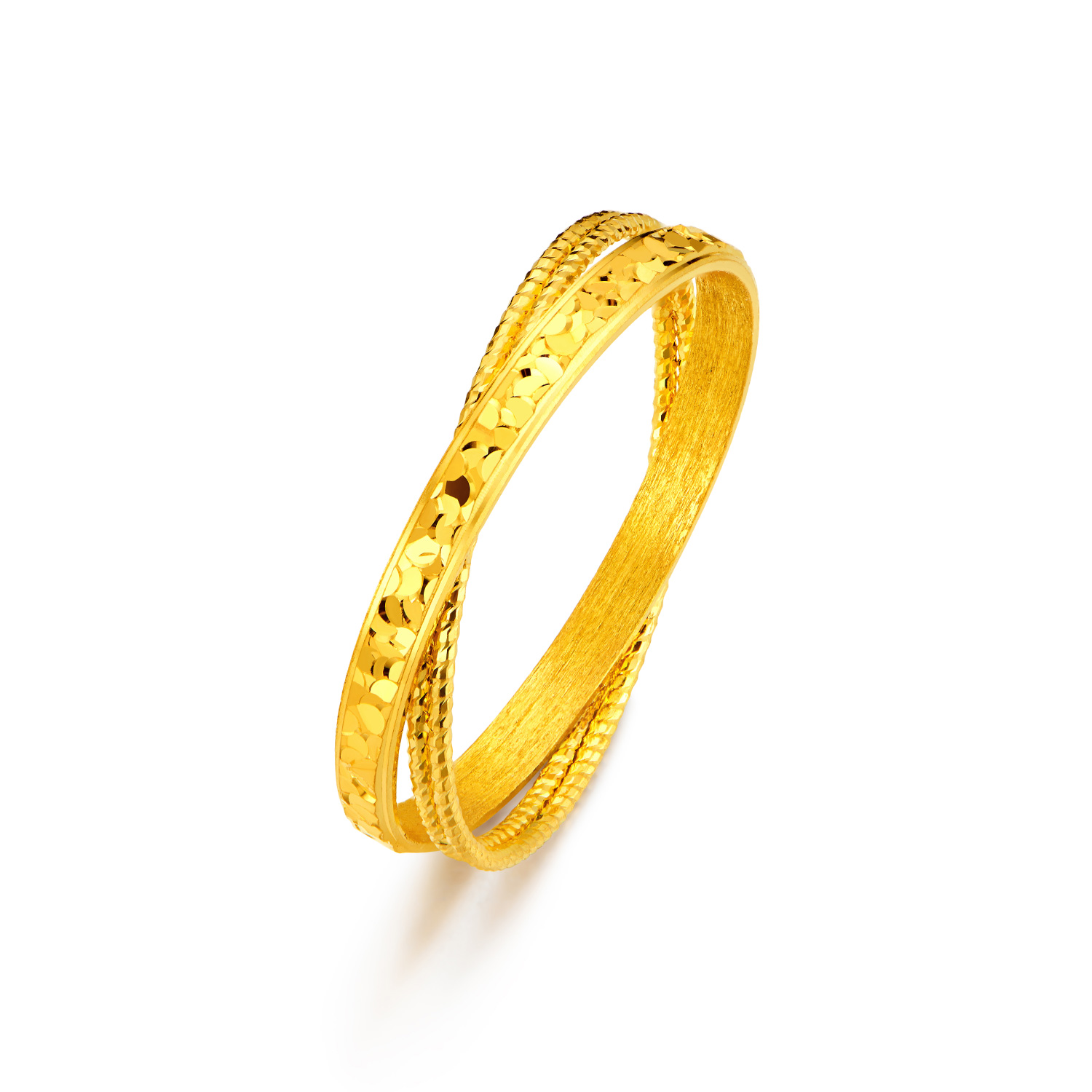 六福珠宝光影金双环黄金戒指女手工编织实心碎碎冰计价GJG0215DS热销新品