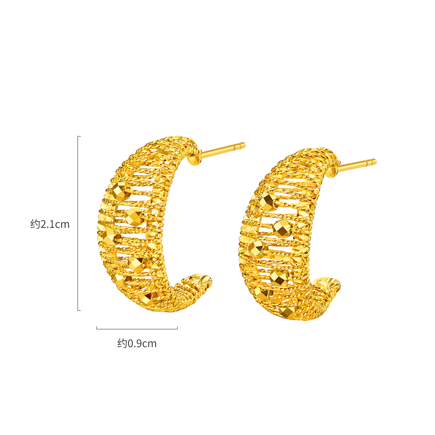 六福珠宝光影金星月黄金耳钉女闪耀C字手工编织耳饰计价GJG0214DS