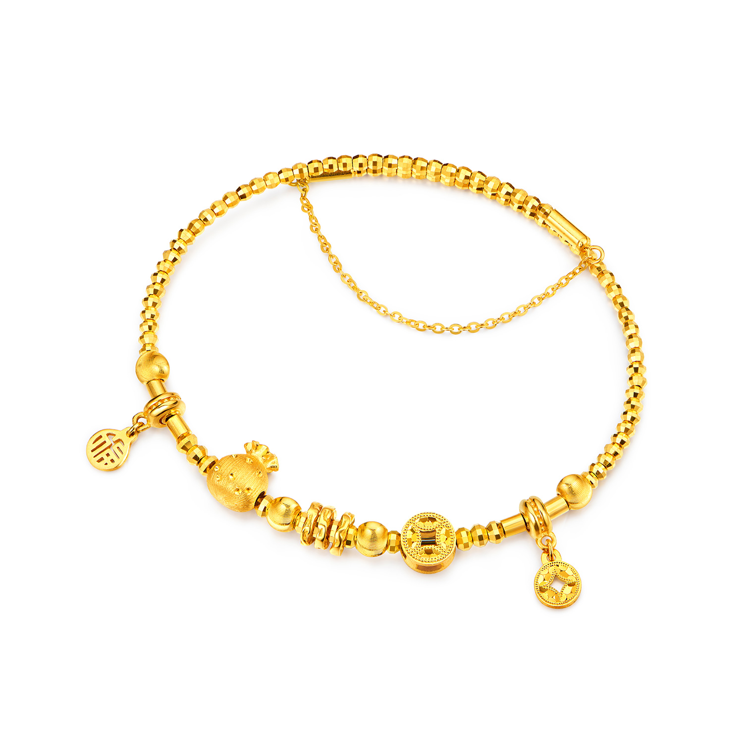 【店庆特惠】六福珠宝光影金福财多多黄金手镯弹力5G猫眼金珠手链计价035399aa【视频看货】