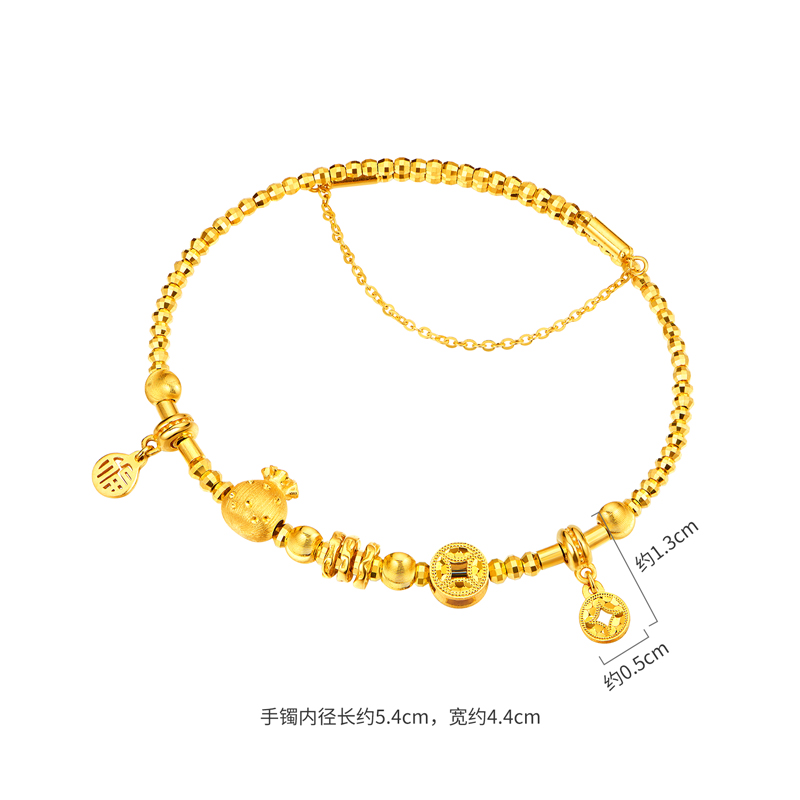 【店庆特惠】六福珠宝光影金福财多多黄金手镯弹力5G猫眼金珠手链计价035399aa【视频看货】