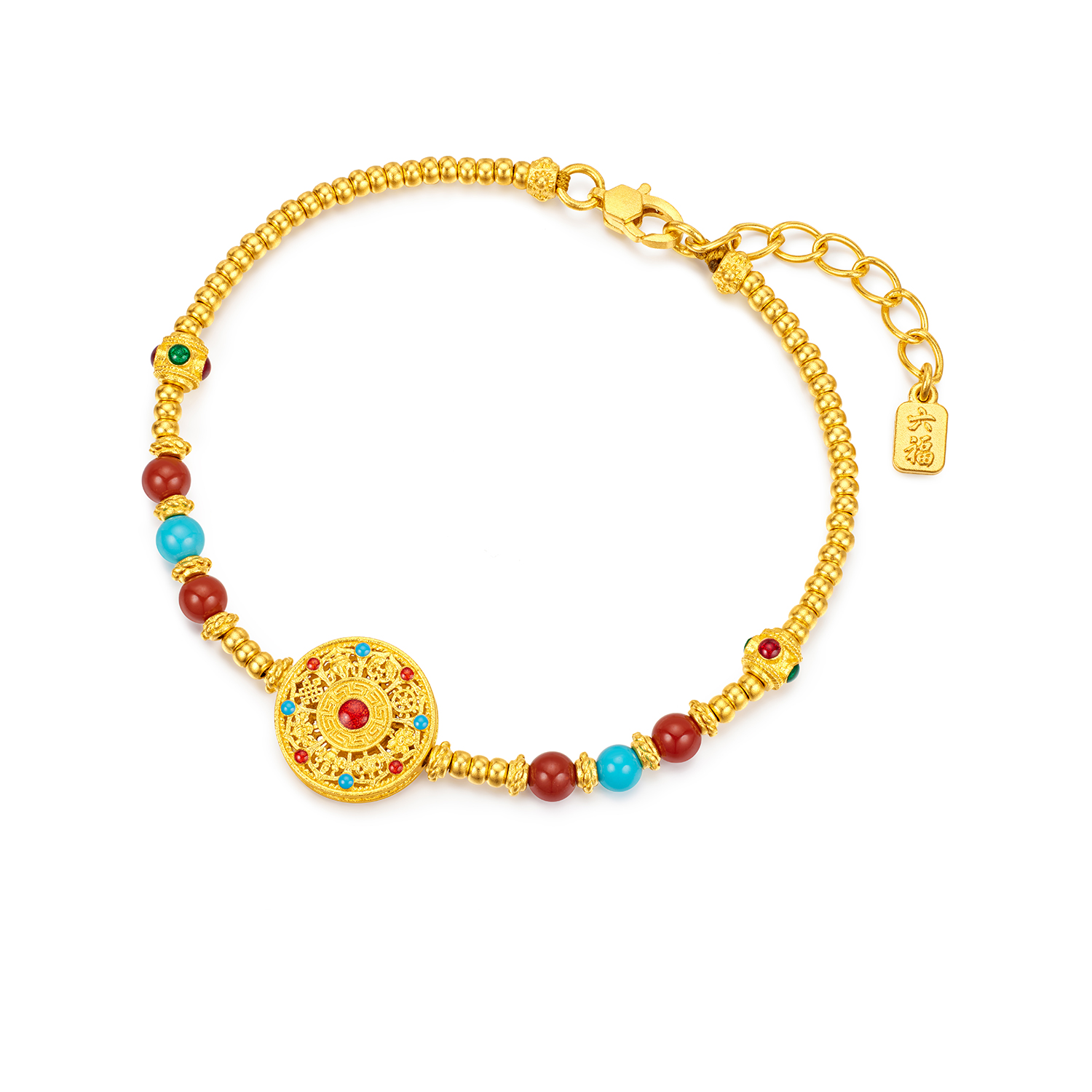 六福珠宝八宝罗盘黄金手链文玩鎏彩绿松石手串玉髓计价F63G0121DS【视频看货】【联系客服补货】