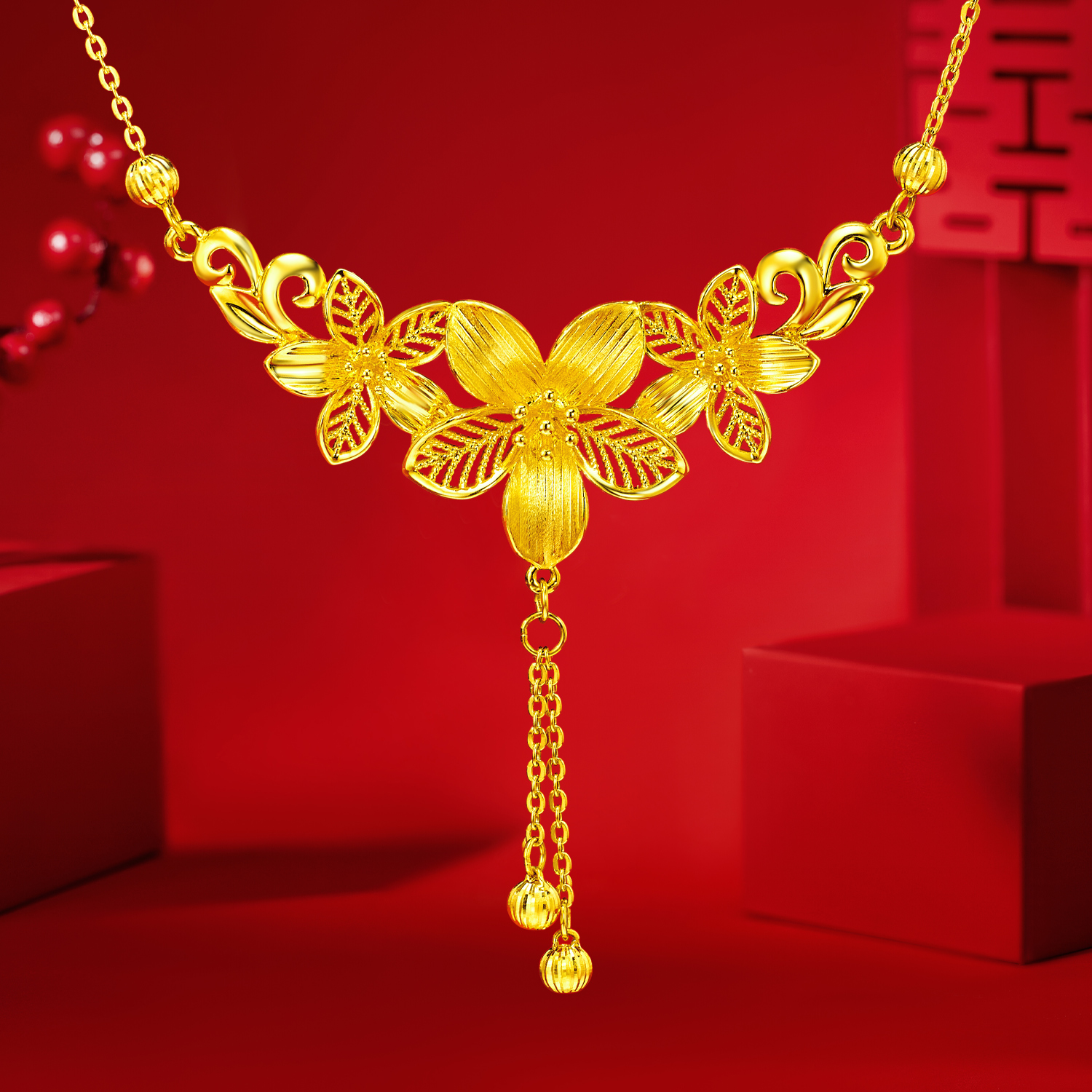 六福珠宝花开并蒂黄金项链海棠花结婚三金首饰婚嫁计价A03G0001DS