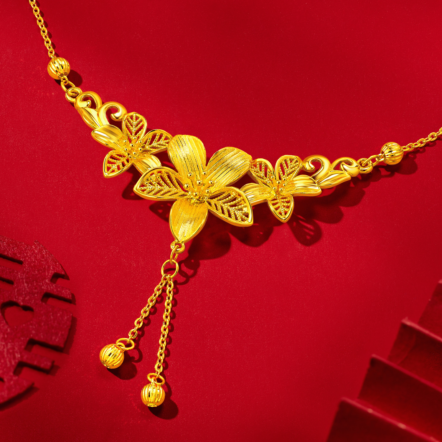 六福珠宝花开并蒂黄金项链海棠花结婚三金首饰婚嫁计价A03G0001DS