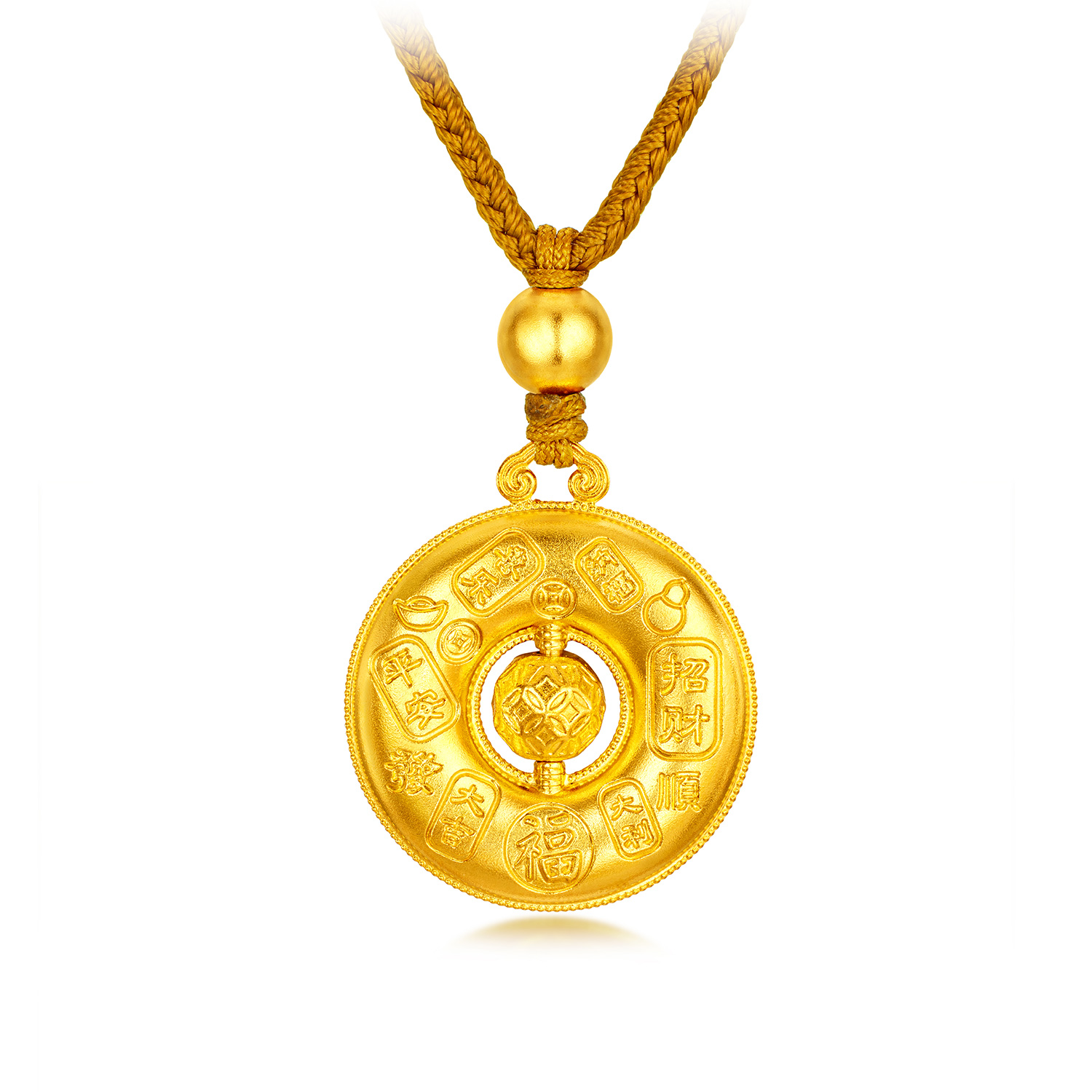 【店庆特惠】六福珠宝福满传家平安扣黄金项链吊坠吉言金铜钱珠计价L05G0006DS