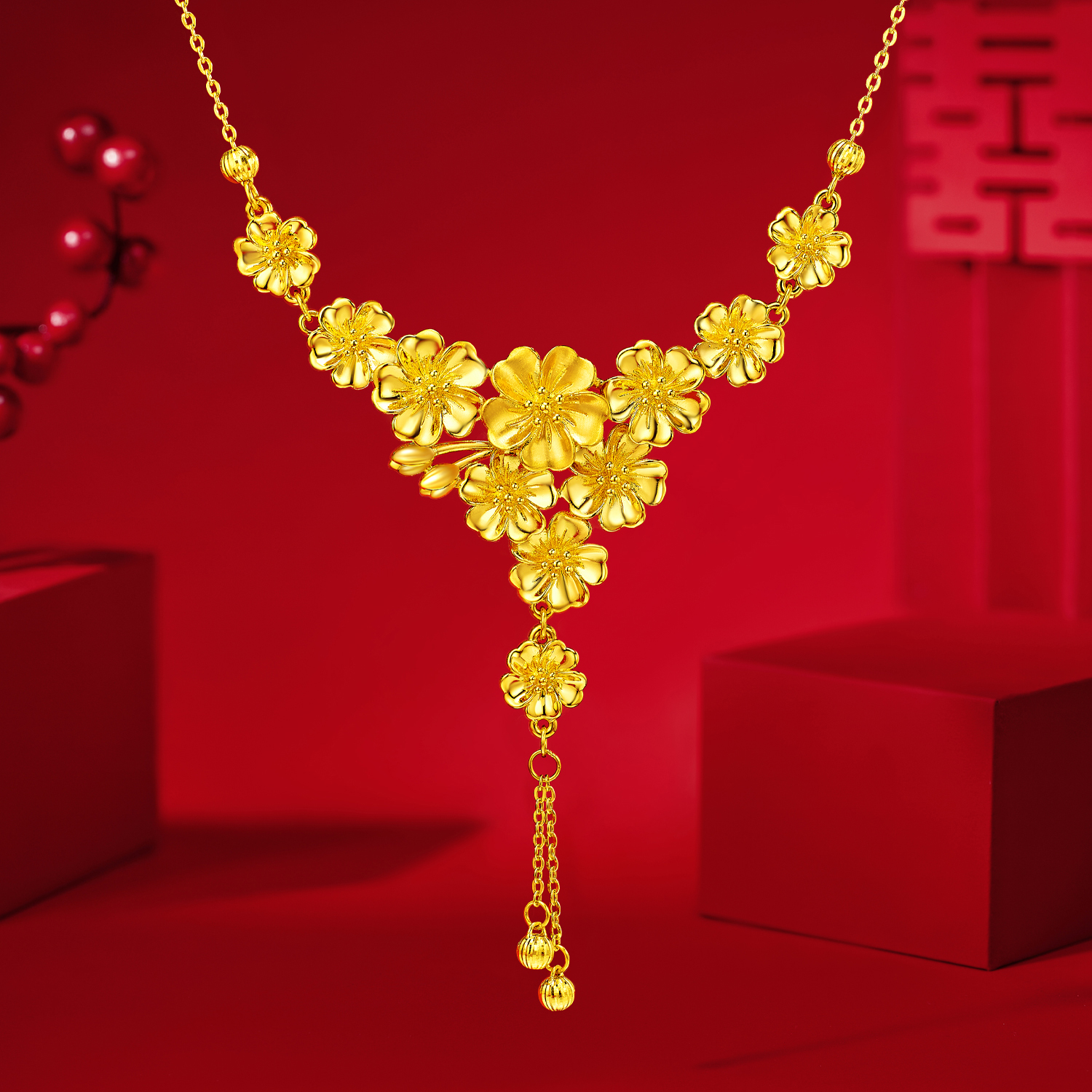 六福珠宝桃花映缘黄金项链流苏结婚三金五金婚嫁礼计价A03G0003DS新品1-7