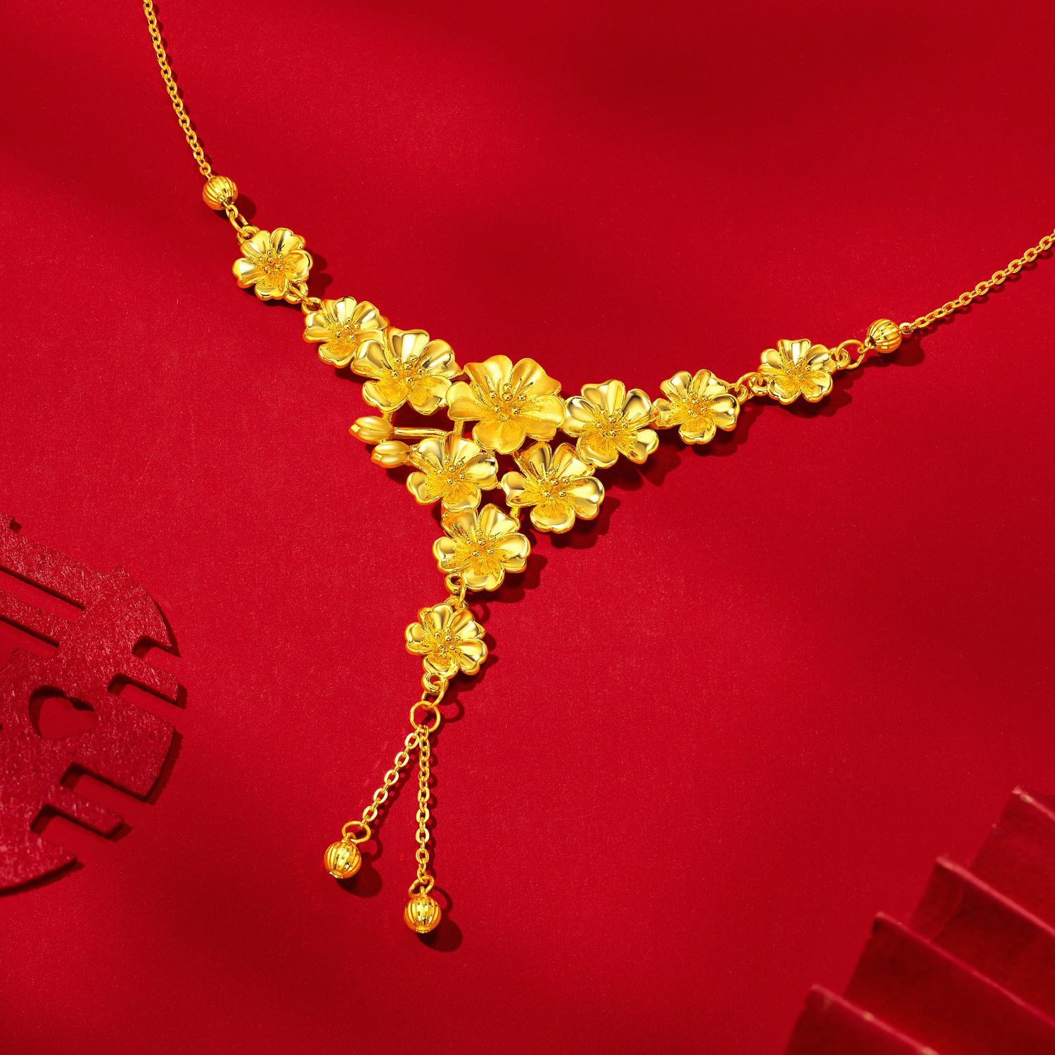 六福珠宝桃花映缘黄金项链流苏结婚三金五金婚嫁礼计价A03G0003DS新品1-7